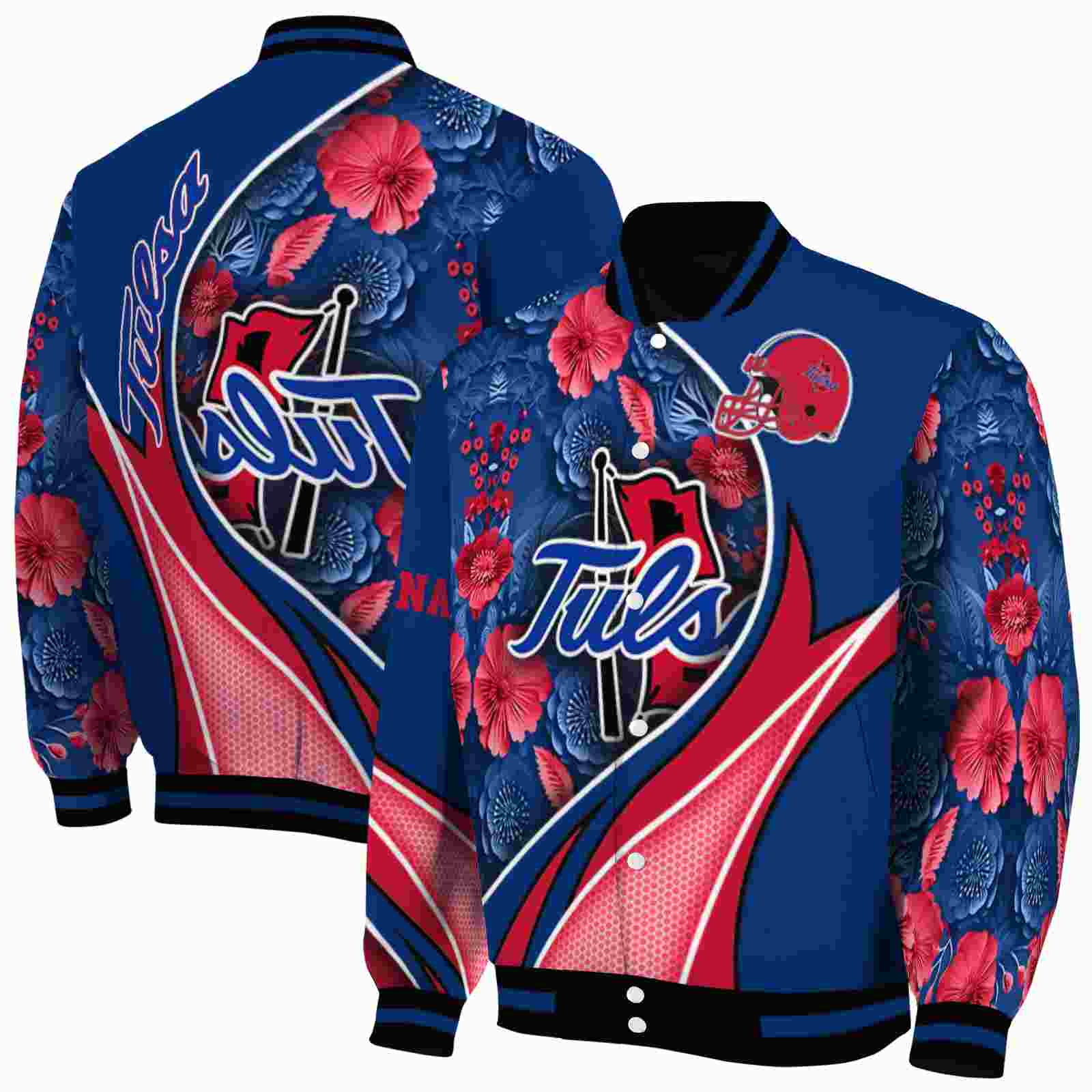 NcaaPersonalized Tulsa Golden Hurricane Floral Print Blue Custom Baseball Jacket Sport Fans Gear