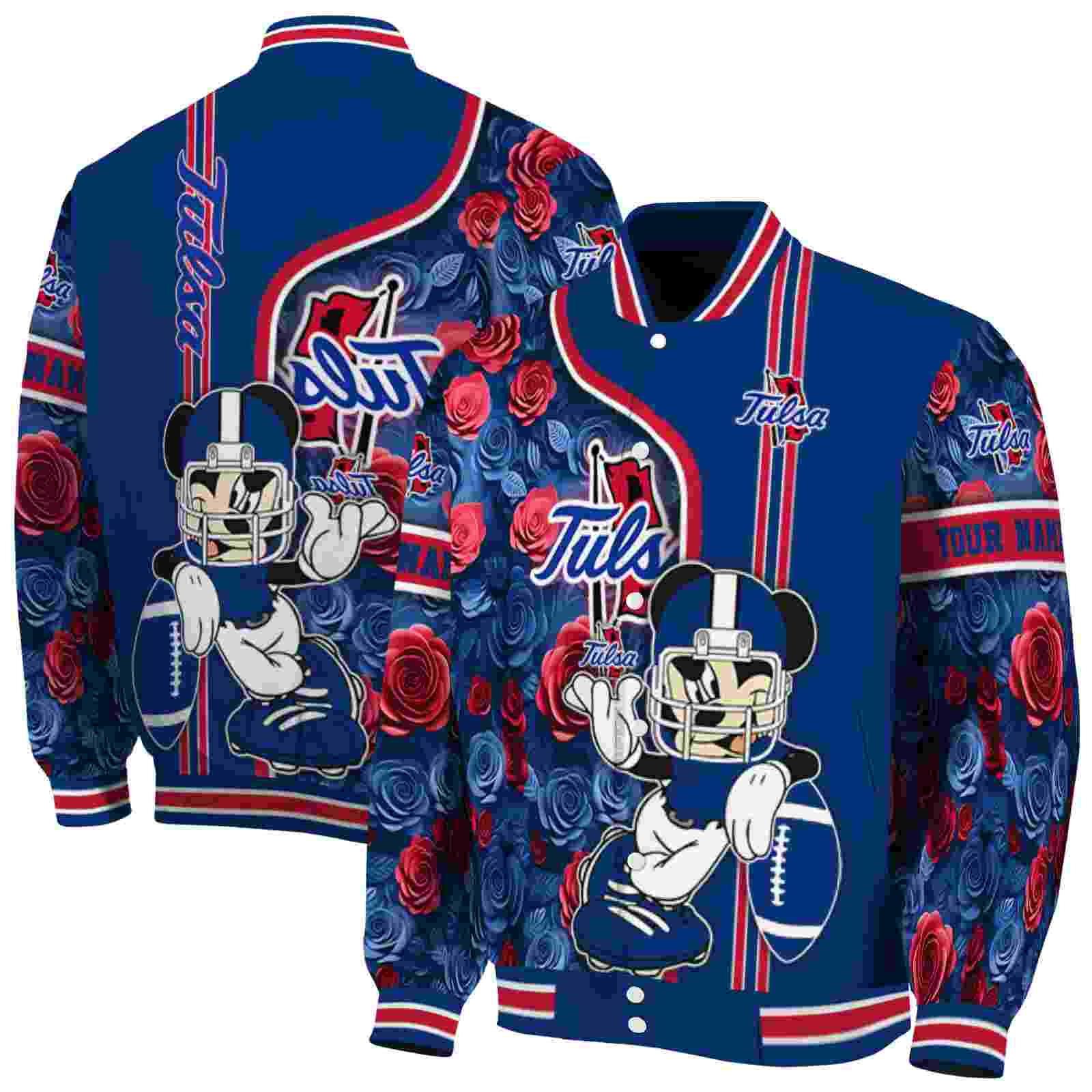 NcaaPersonalized Tulsa Golden Hurricane Rose Mickey Blue Custom Baseball Jacket Sport Fans Gear