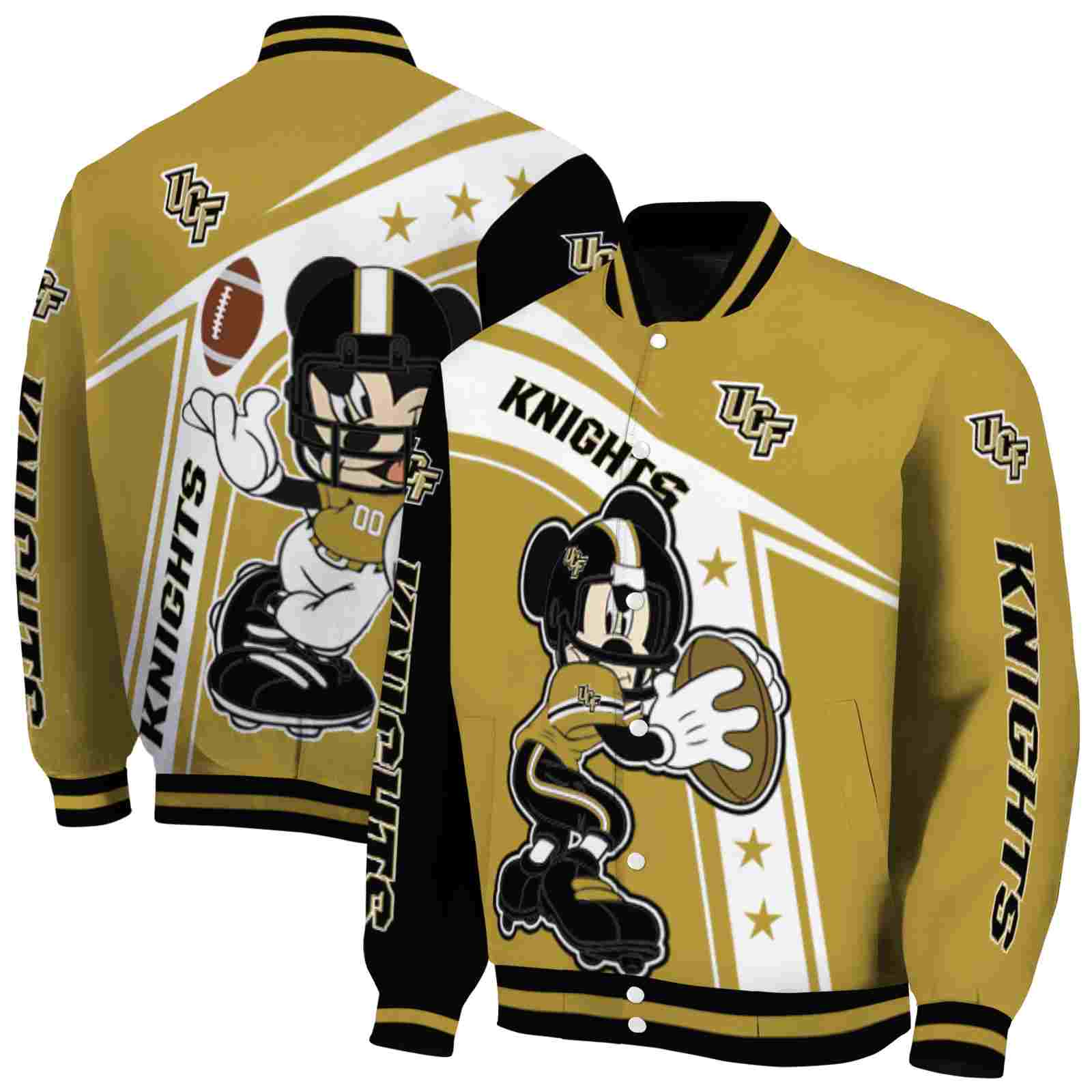 NcaaPersonalized UCF Knights Mickey Football Gold White Custom Baseball Jacket Sport Fans Gear