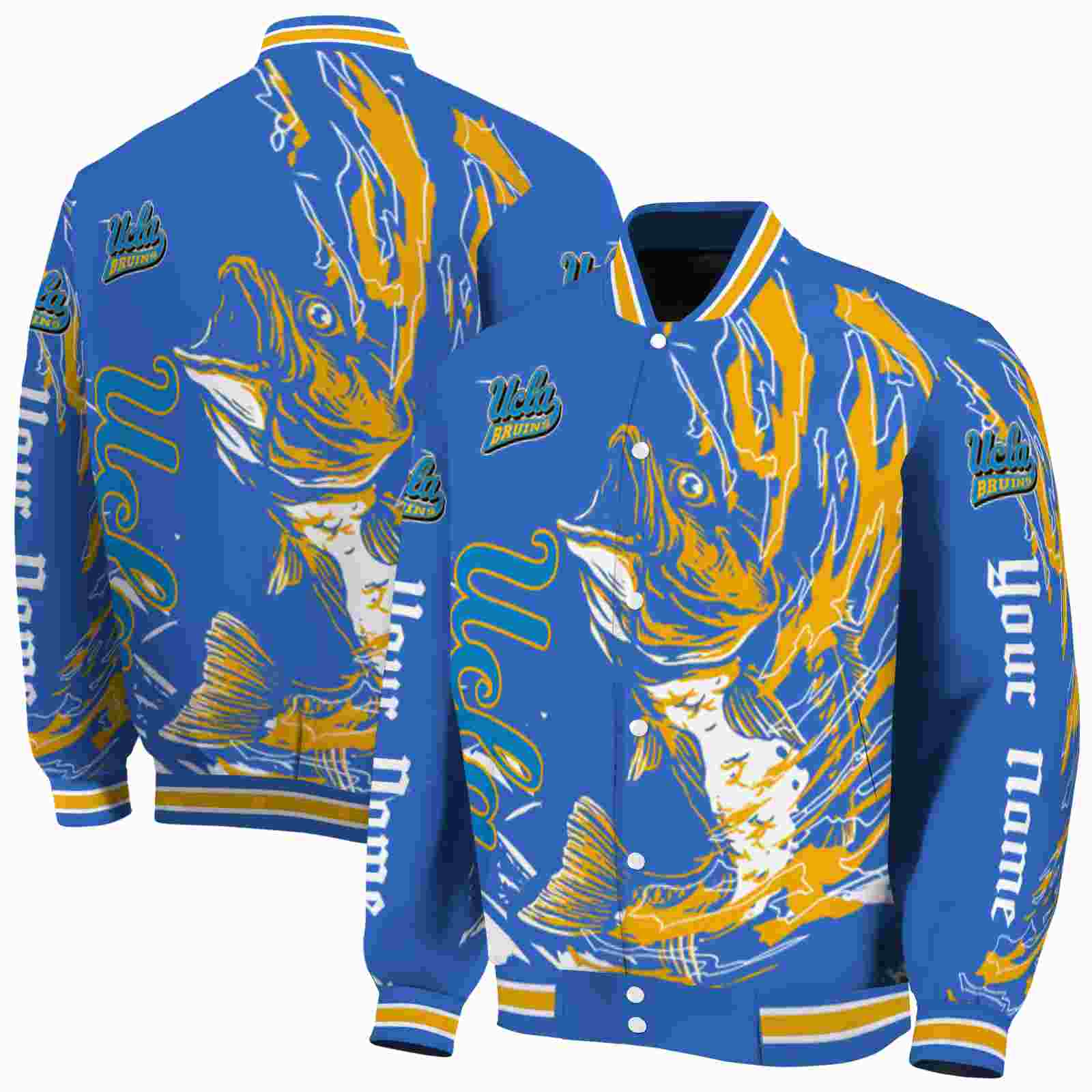 NcaaPersonalized UCLA Bruins Fishing Passion Blue White Custom Baseball Jacket Sport Fans Gear