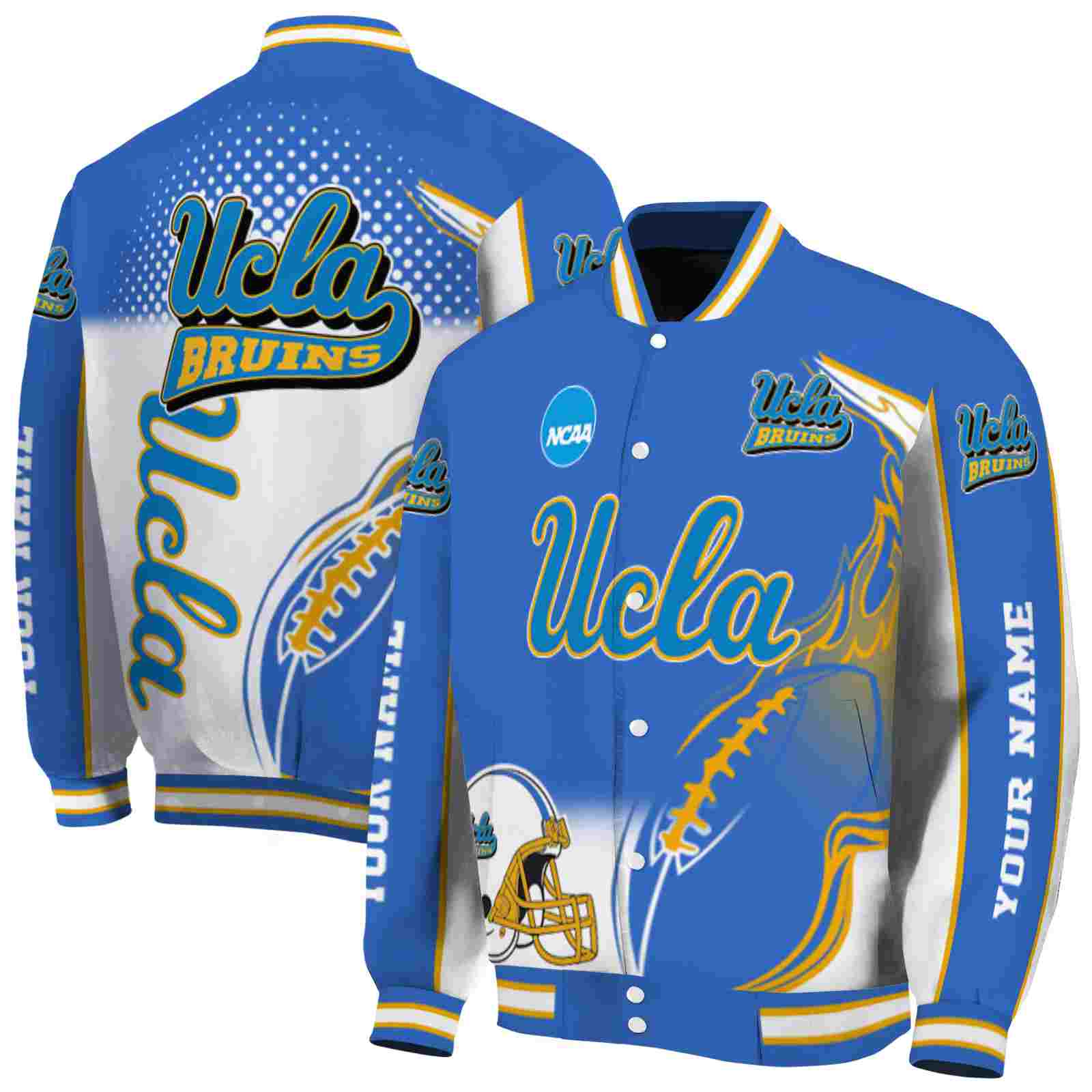 NcaaPersonalized UCLA Bruins Flaming Football Blue White Custom Baseball Jacket Sport Fans Gear