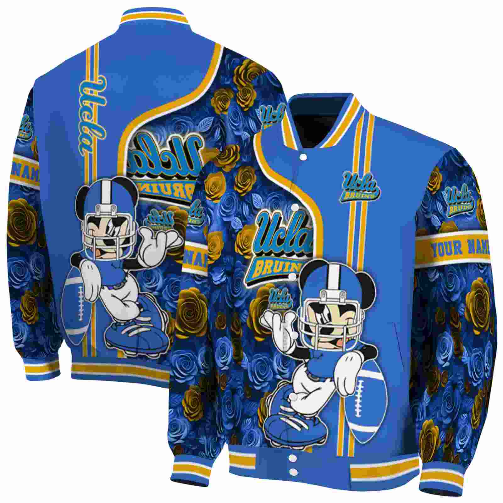 NcaaPersonalized UCLA Bruins Rose Mickey Blue Custom Baseball Jacket Sport Fans Gear