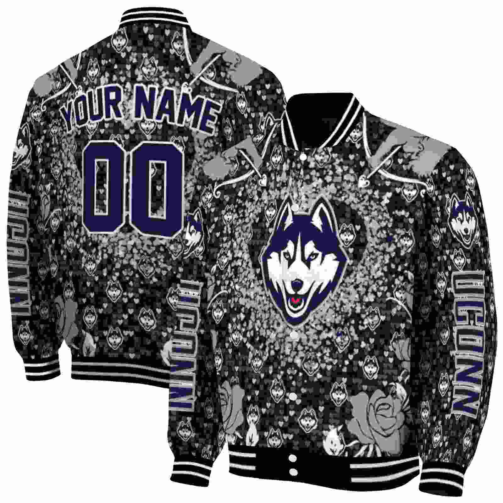 NcaaPersonalized UConn Huskies Heart Explosion Blue Custom Baseball Jacket Sport Fans Gear