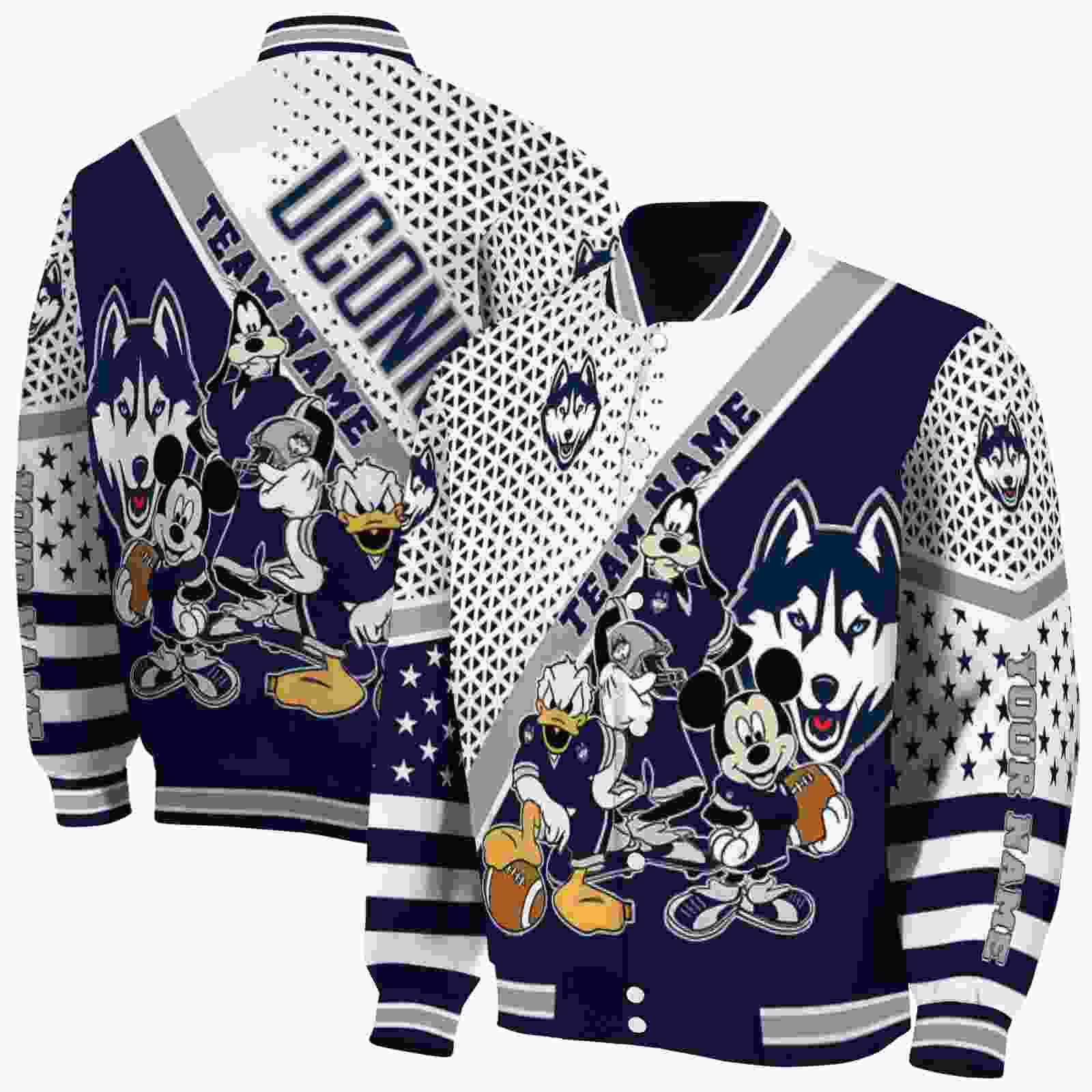 NcaaPersonalized UConn Huskies Mickey Donald Goofy Blue White Custom Baseball Jacket Sport Fans Gear