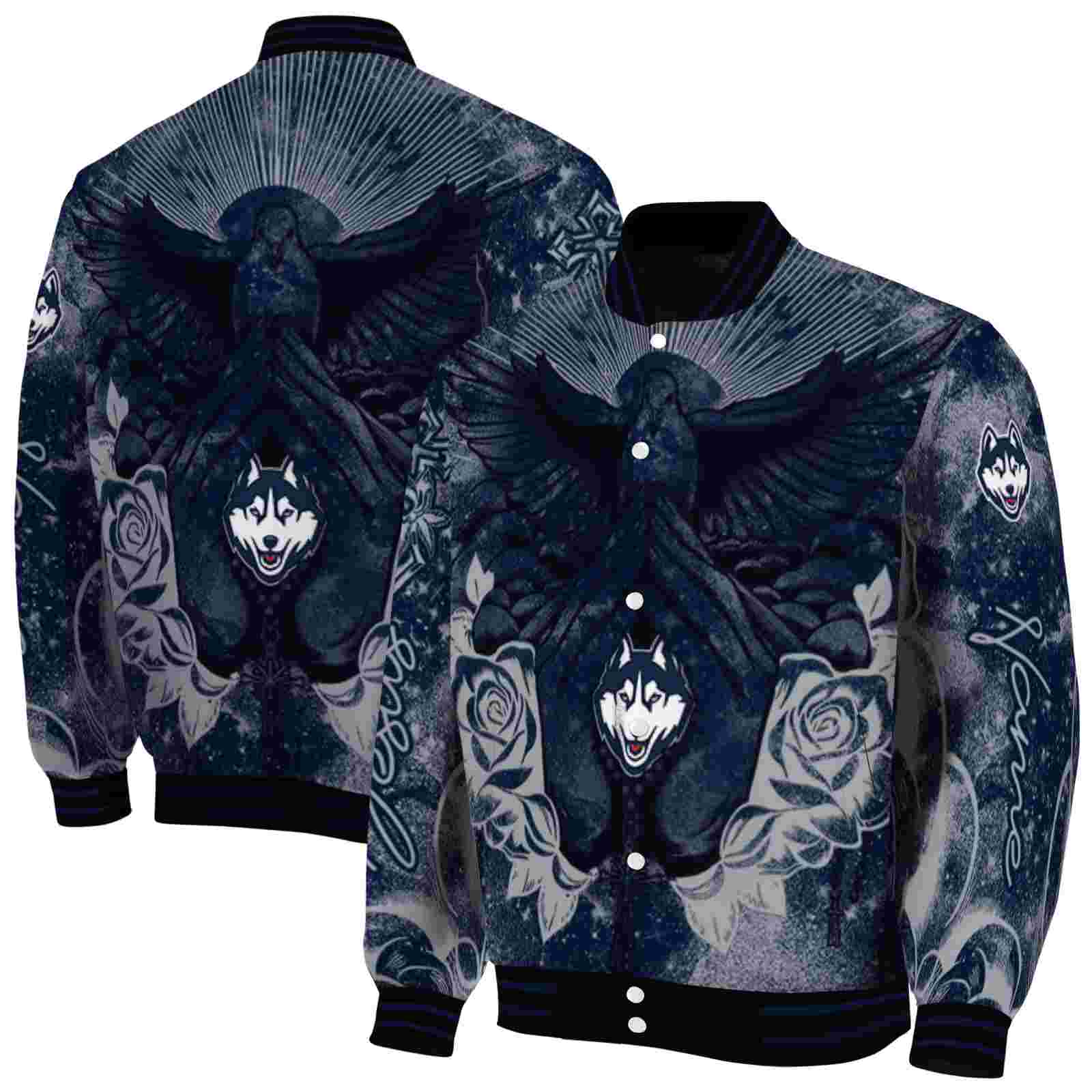 NcaaPersonalized UConn Huskies Praying Hands Blue Custom Baseball Jacket Sport Fans Gear