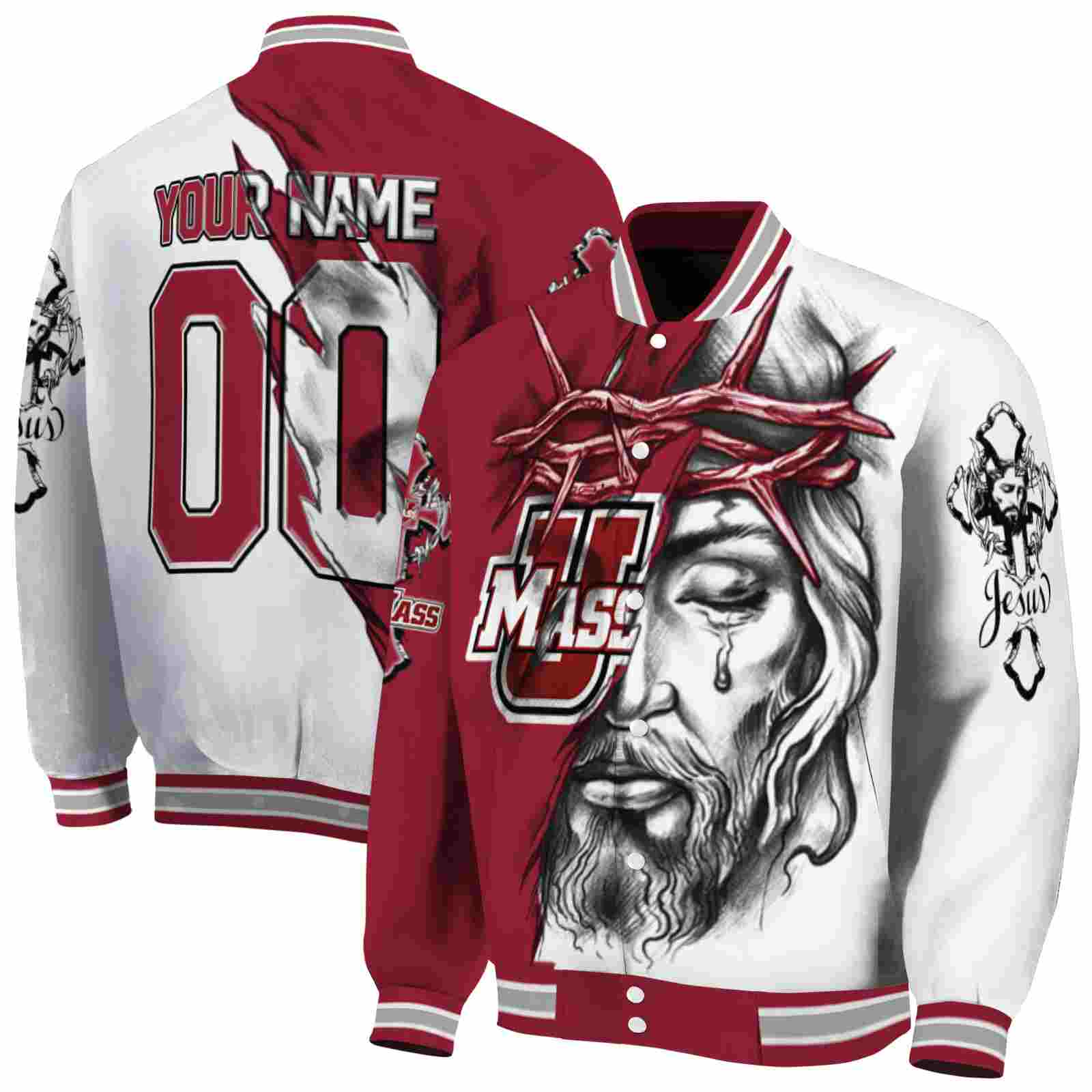 NcaaPersonalized UMass Minutemen Jesus Tears Red White Custom Baseball Jacket Sport Fans Gear