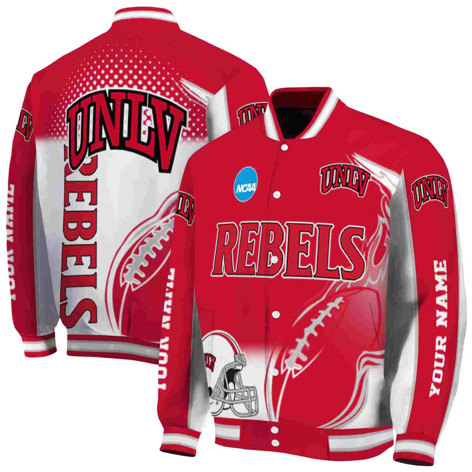 NcaaPersonalized UNLV Rebels Flaming Football Red White Custom Baseball Jacket Sport Fans Gear