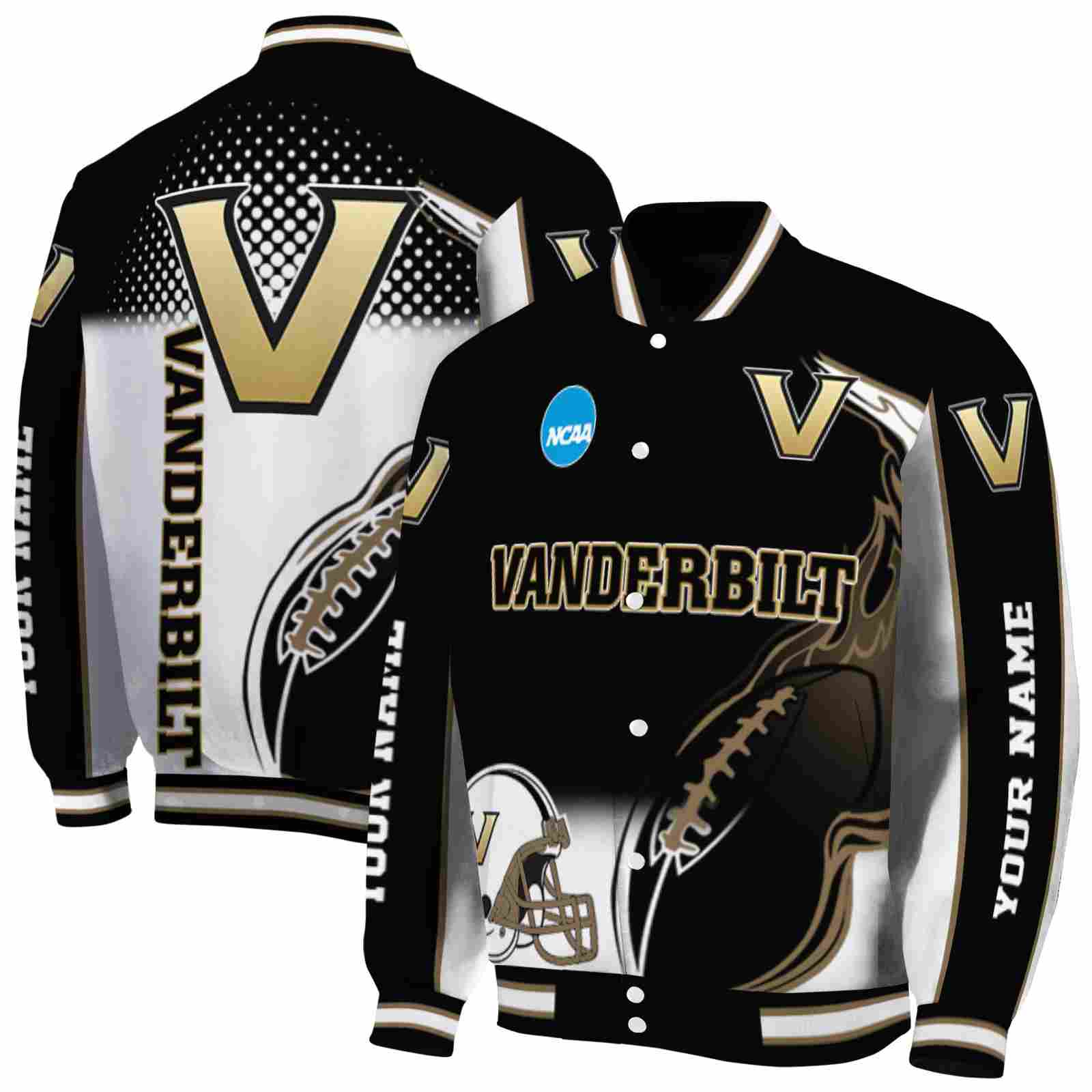 NcaaPersonalized Vanderbilt Commodores Flaming Football Black White Custom Baseball Jacket Sport Fans Gear