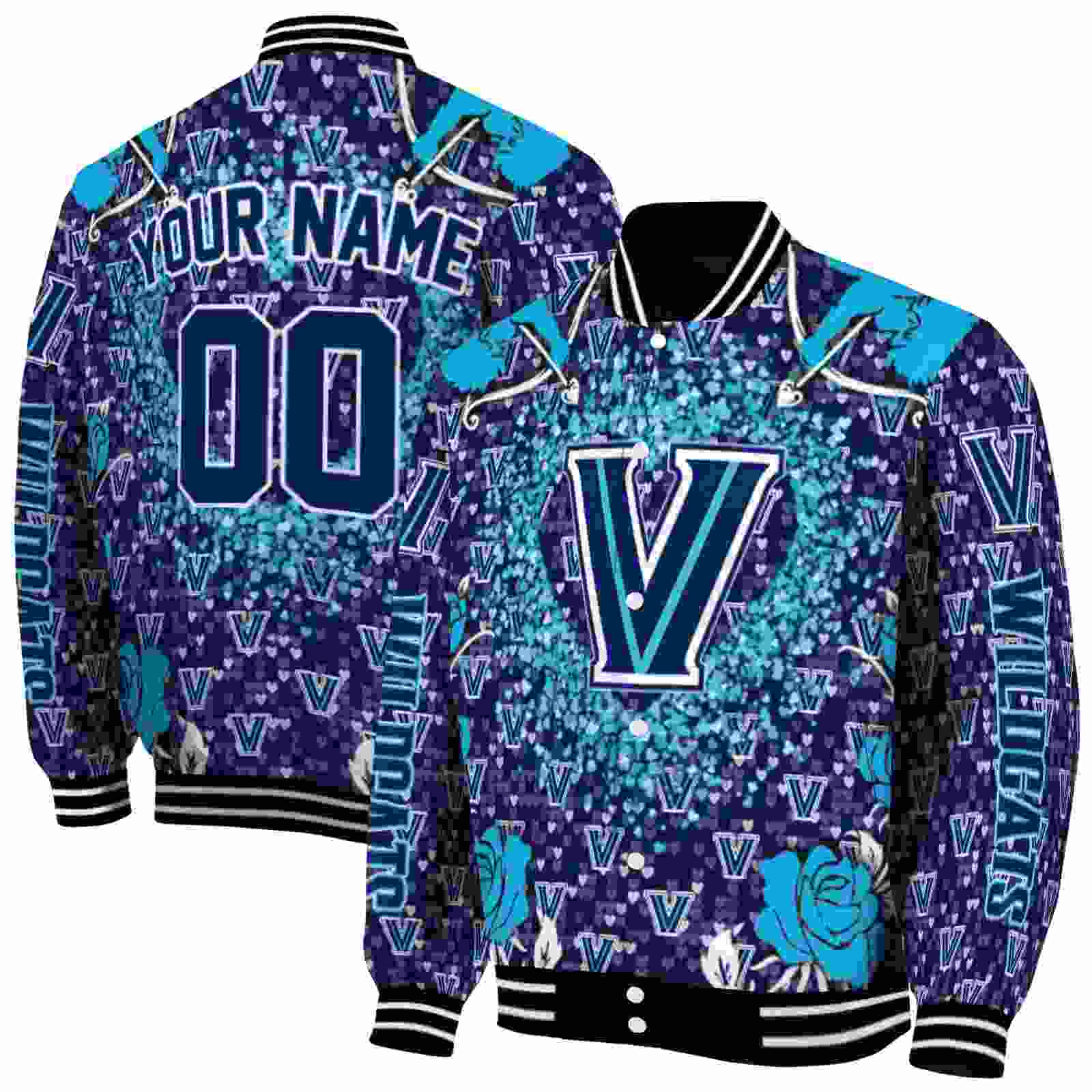NcaaPersonalized Villanova Wildcats Heart Explosion Navy Custom Baseball Jacket Sport Fans Gear