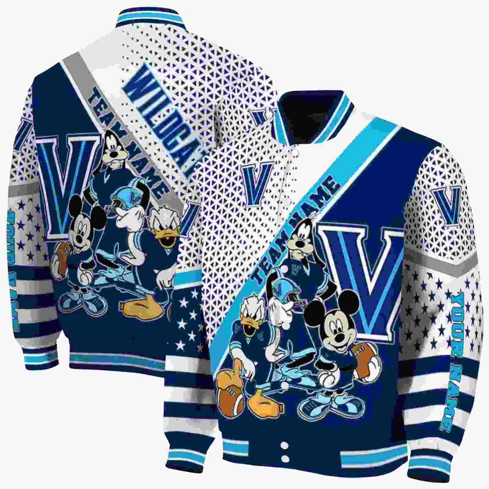 NcaaPersonalized Villanova Wildcats Mickey Donald Goofy Navy White Custom Baseball Jacket Sport Fans Gear