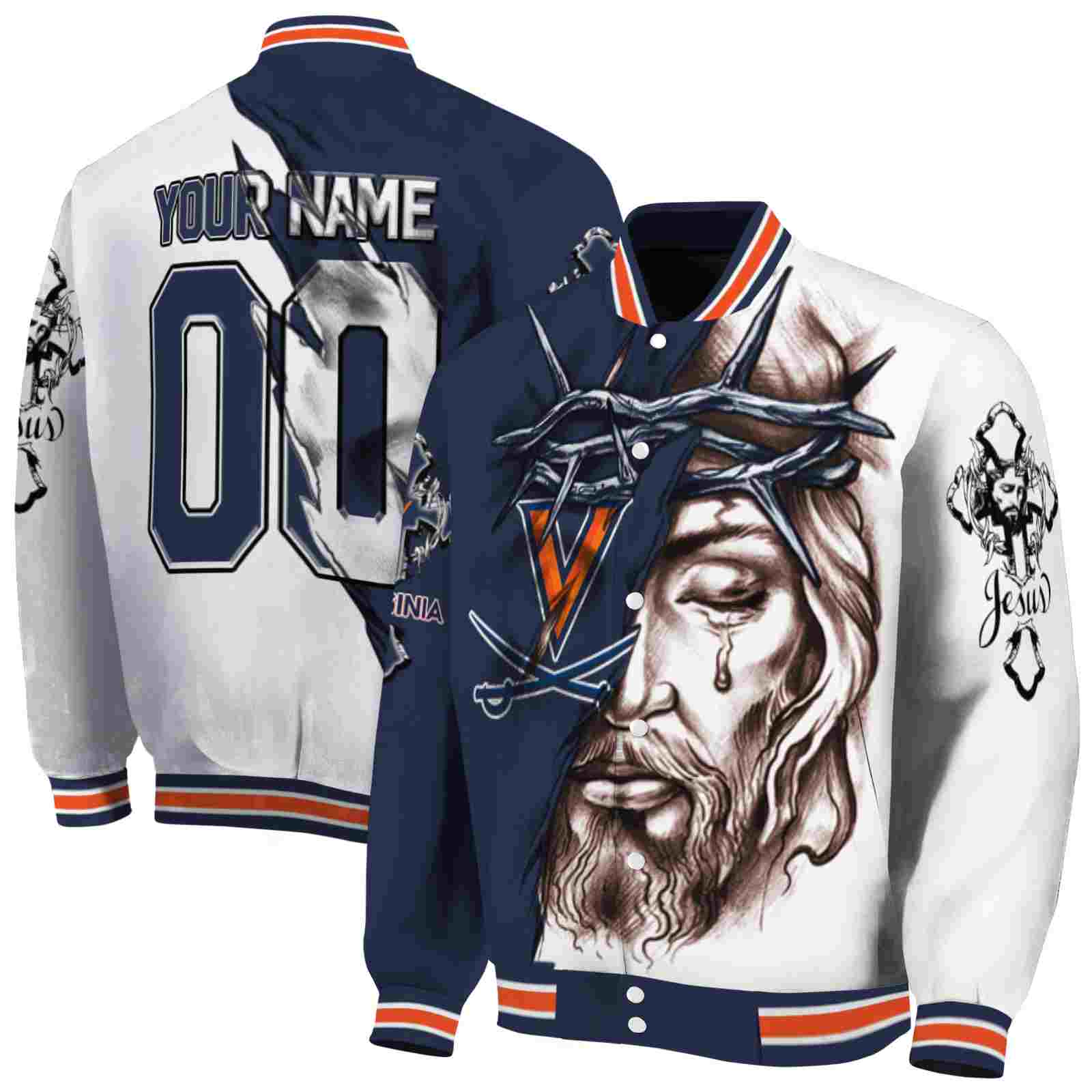 NcaaPersonalized Virginia Cavaliers Jesus Tears Blue White Custom Baseball Jacket Sport Fans Gear
