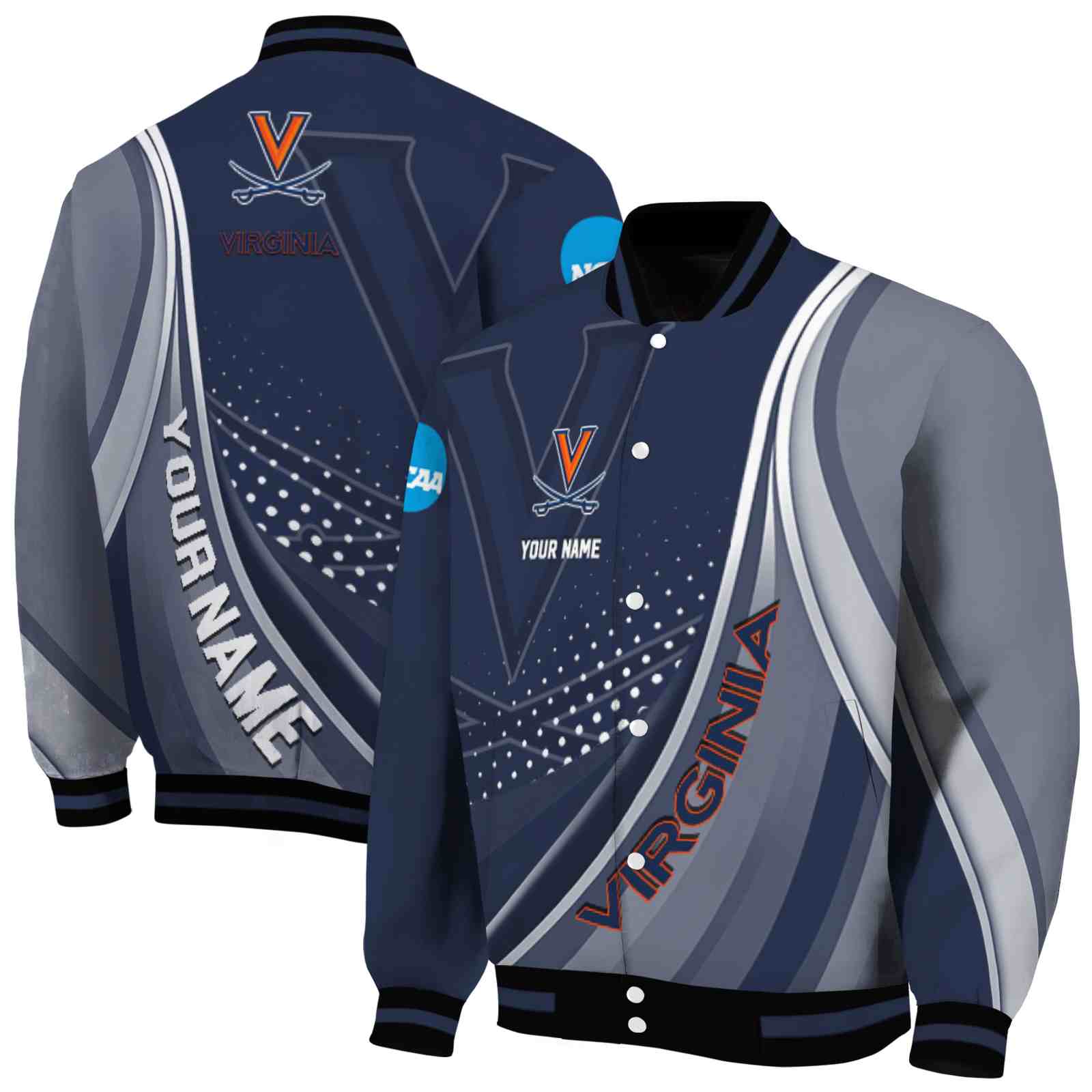 NcaaPersonalized Virginia Cavaliers Wave Patterns Blue Custom Baseball Jacket Sport Fans Gear