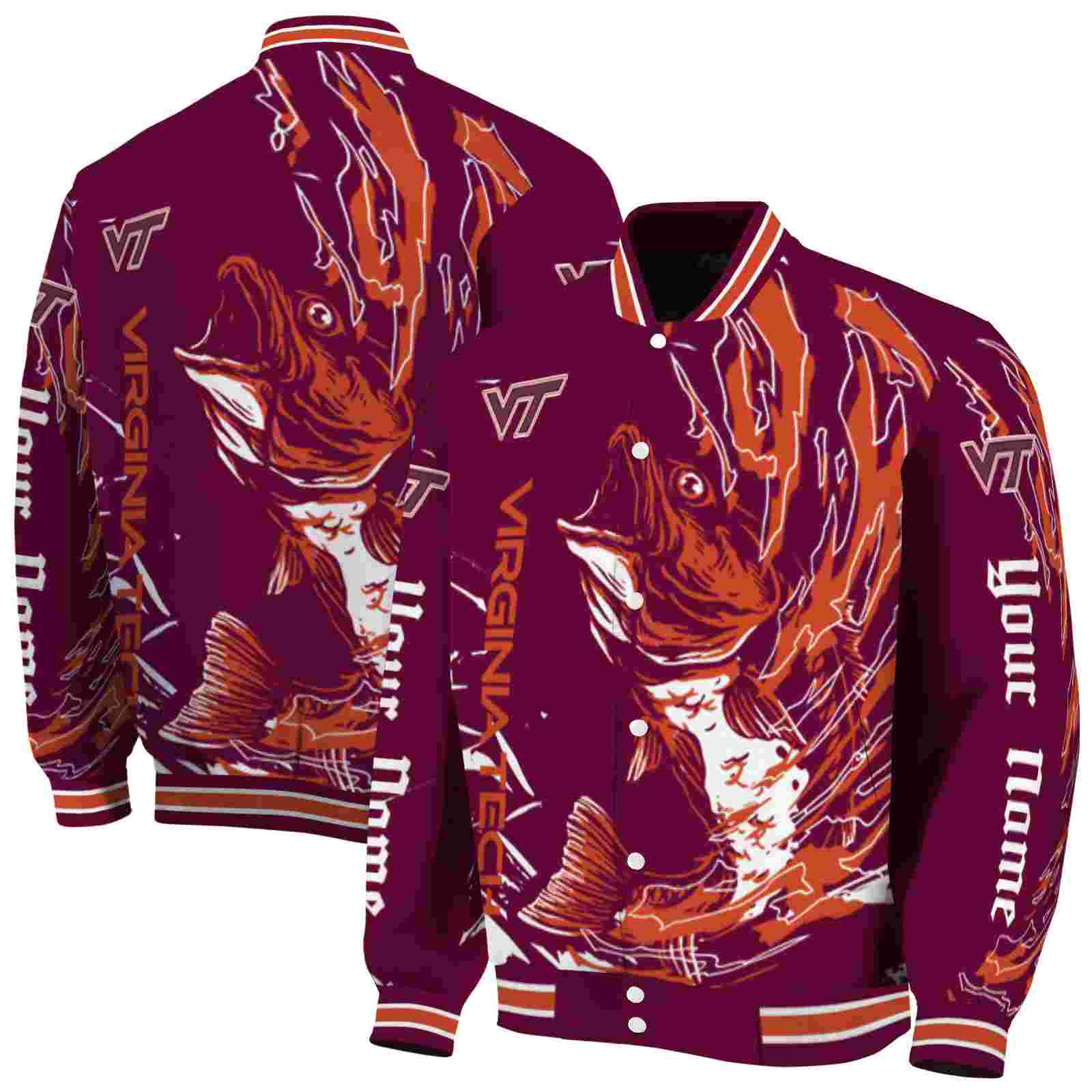 NcaaPersonalized Virginia Tech Hokies Fishing Passion Maroon White Custom Baseball Jacket Sport Fans Gear