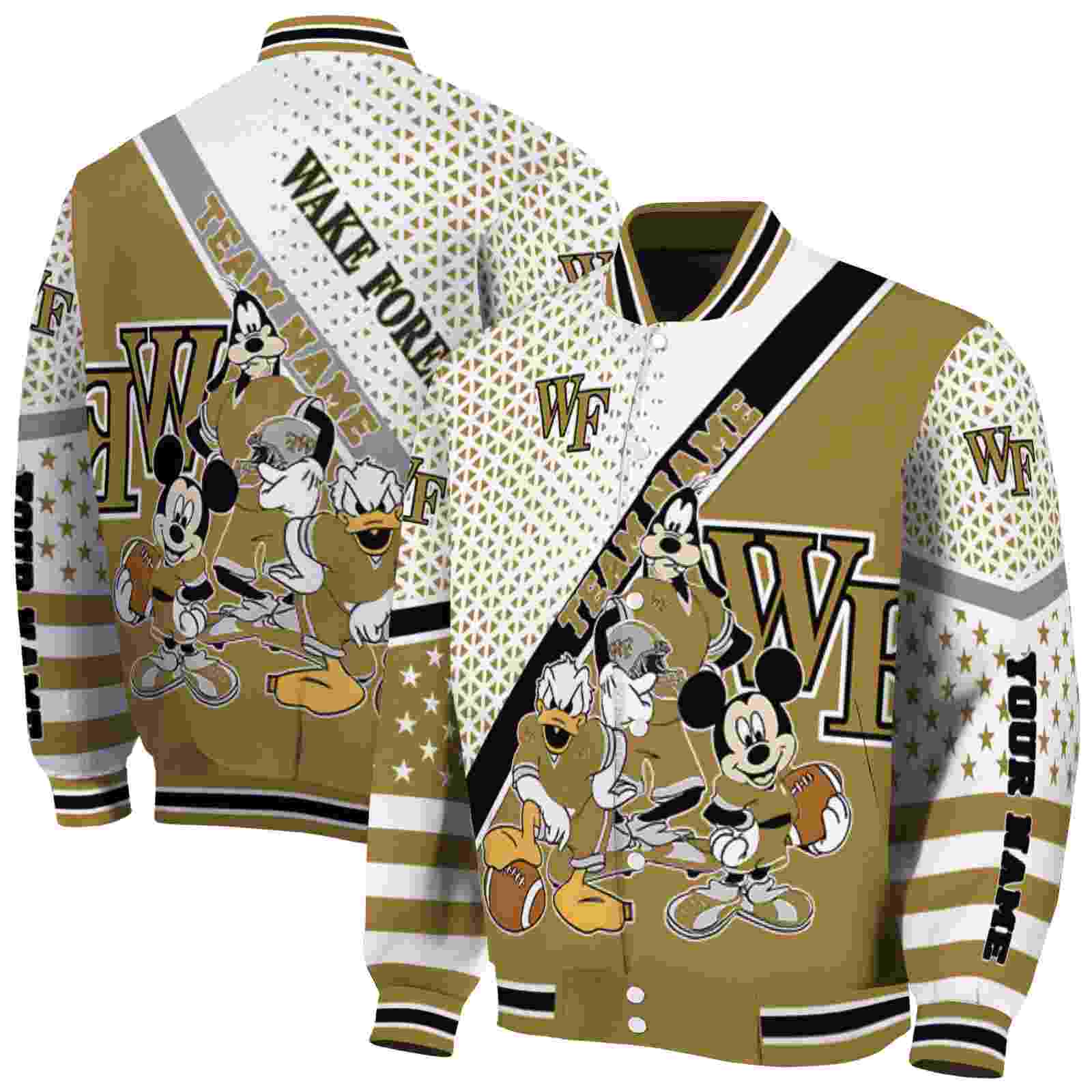 NcaaPersonalized Wake Forest Demon Deacons Mickey Donald Goofy Gold White Custom Baseball Jacket Sport Fans Gear