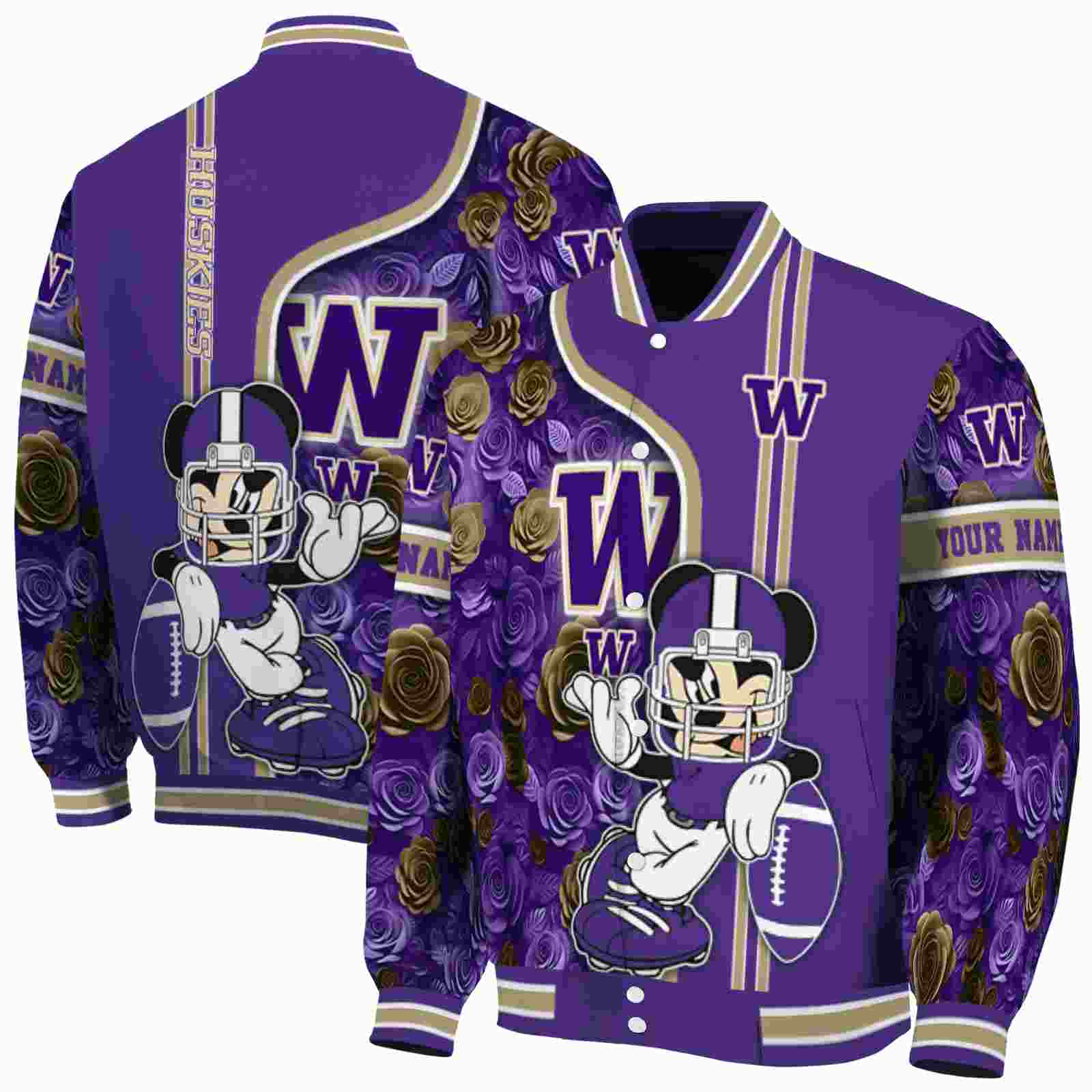 NcaaPersonalized Washington Huskies Rose Mickey Purple Custom Baseball Jacket Sport Fans Gear