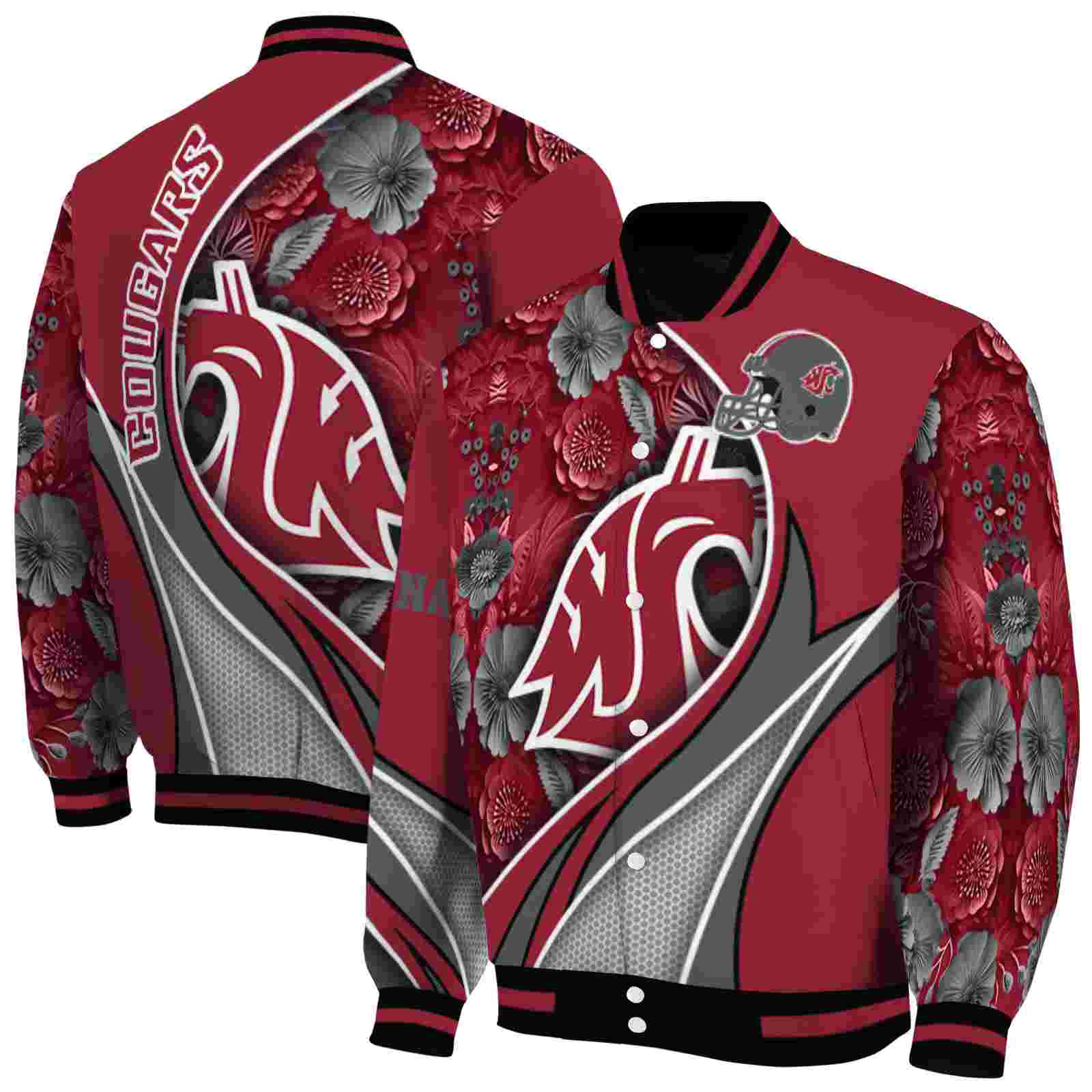 NcaaPersonalized Washington State Cougars Floral Print Crimson Custom Baseball Jacket Sport Fans Gear
