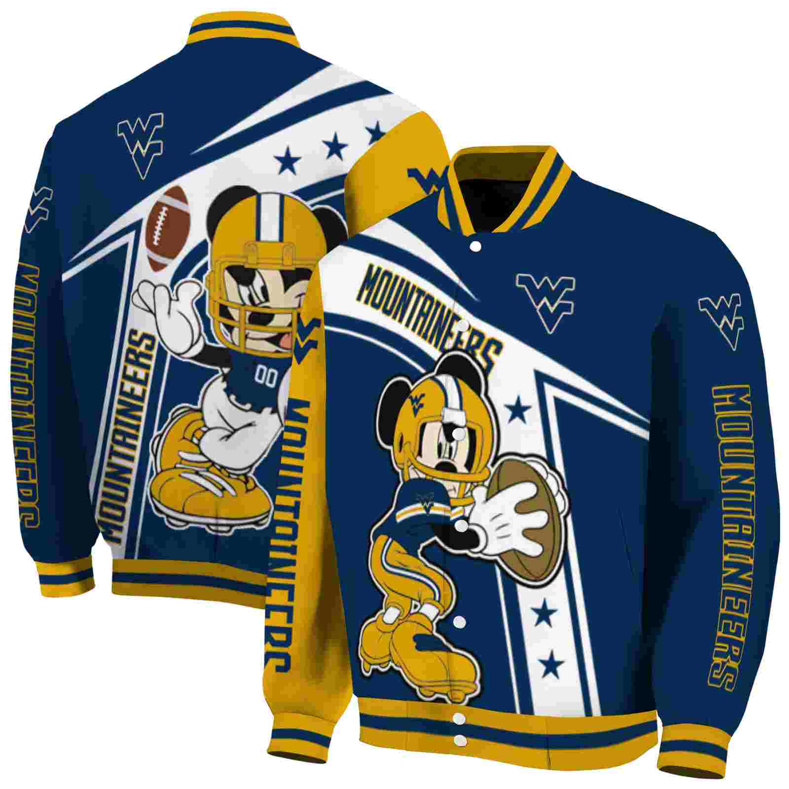 NcaaPersonalized West Virginia Mountaineers Mickey Football Blue White Custom Baseball Jacket Sport Fans Gear