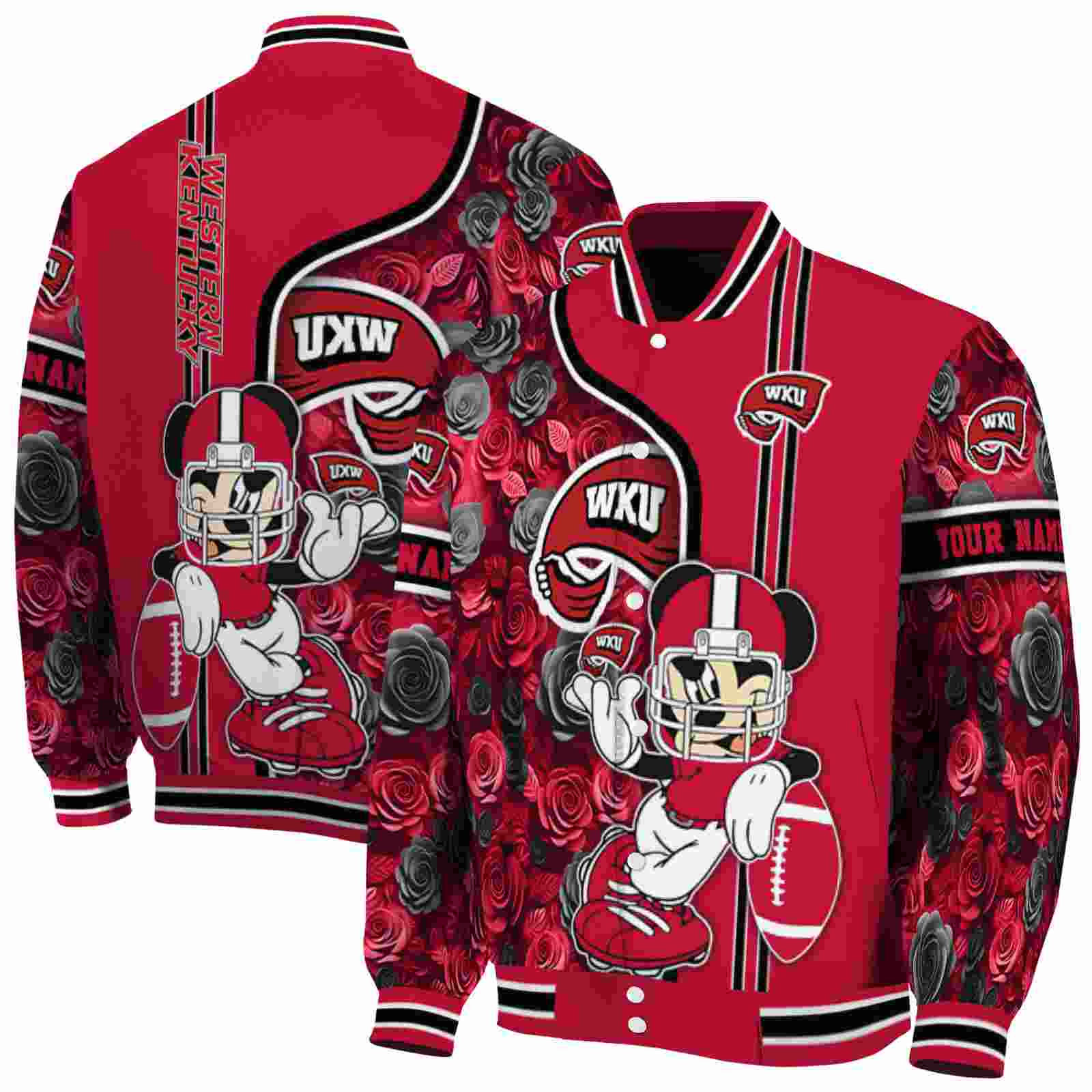 NcaaPersonalized Western Kentucky Hilltoppers Rose Mickey Red Custom Baseball Jacket Sport Fans Gear