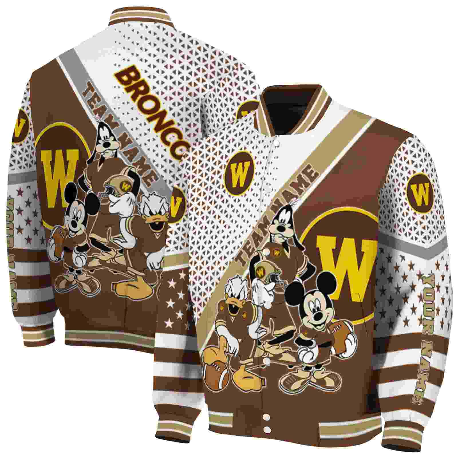 NcaaPersonalized Western Michigan Broncos Mickey Donald Goofy Brown White Custom Baseball Jacket Sport Fans Gear