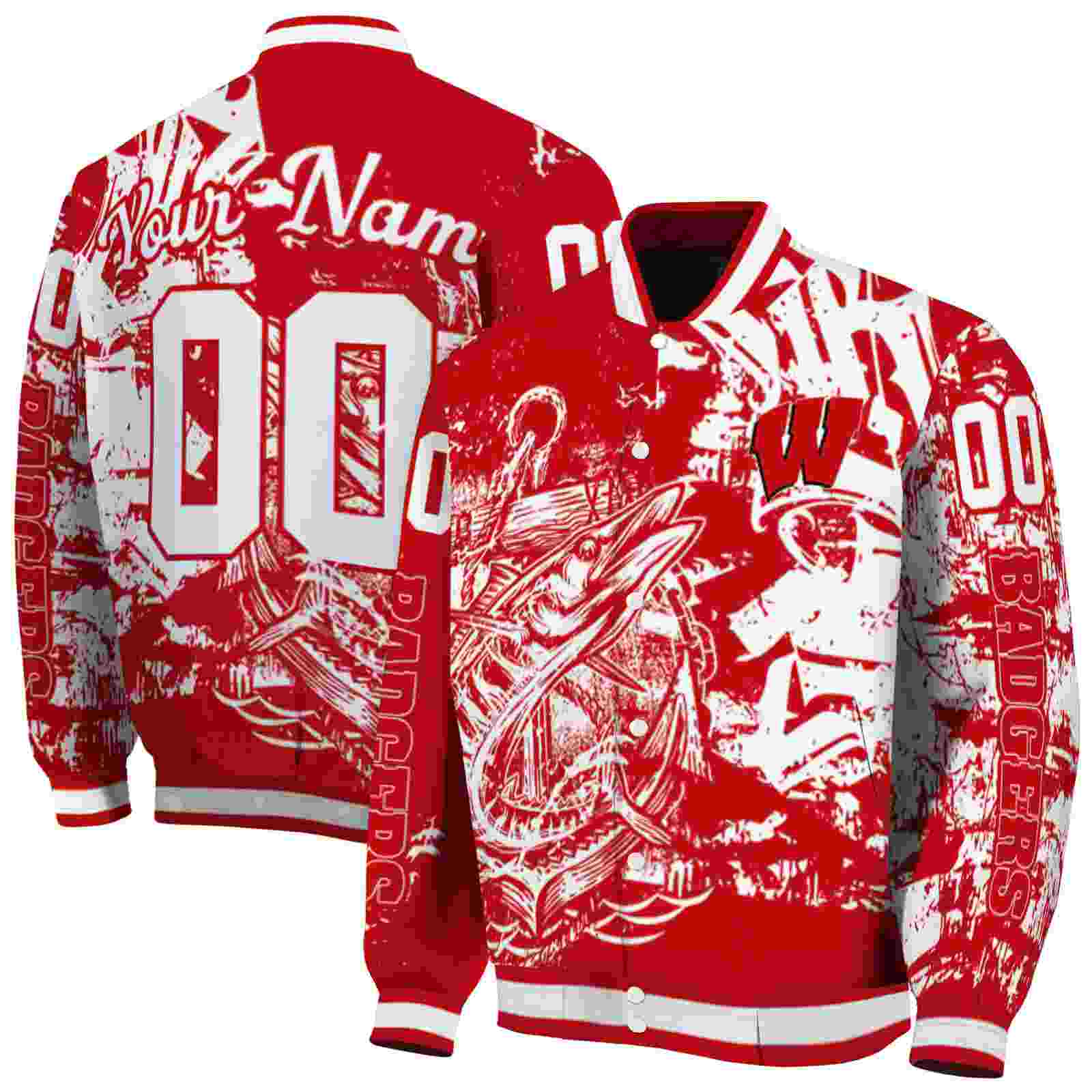 NcaaPersonalized Wisconsin Badgers Fishing Art Red Custom Baseball Jacket Sport Fans Gear