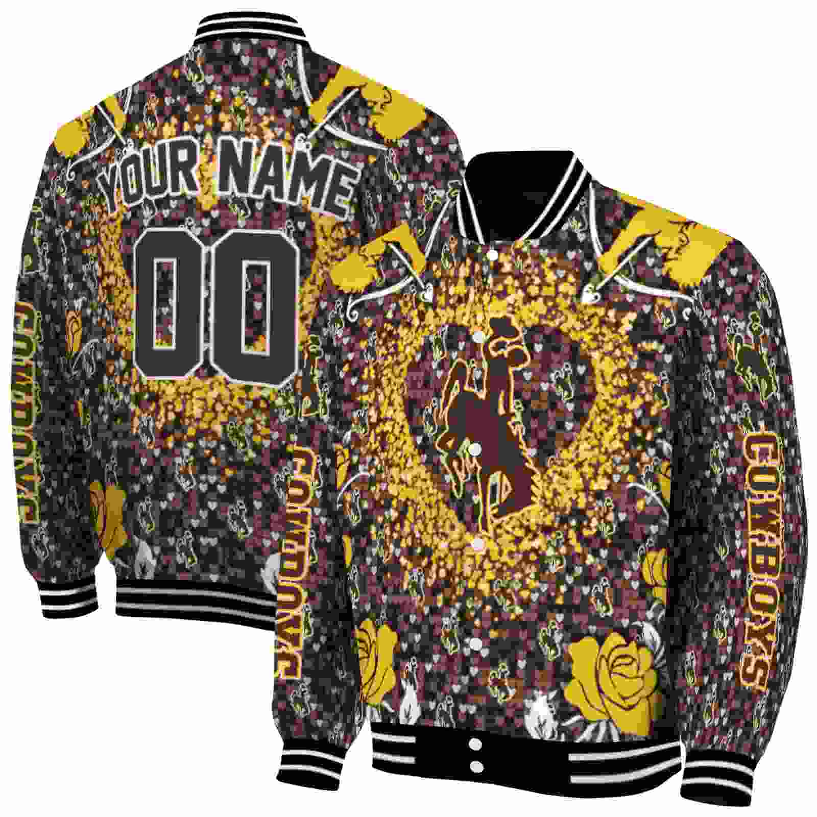 NcaaPersonalized Wyoming Cowboys Heart Explosion Brown Custom Baseball Jacket Sport Fans Gear