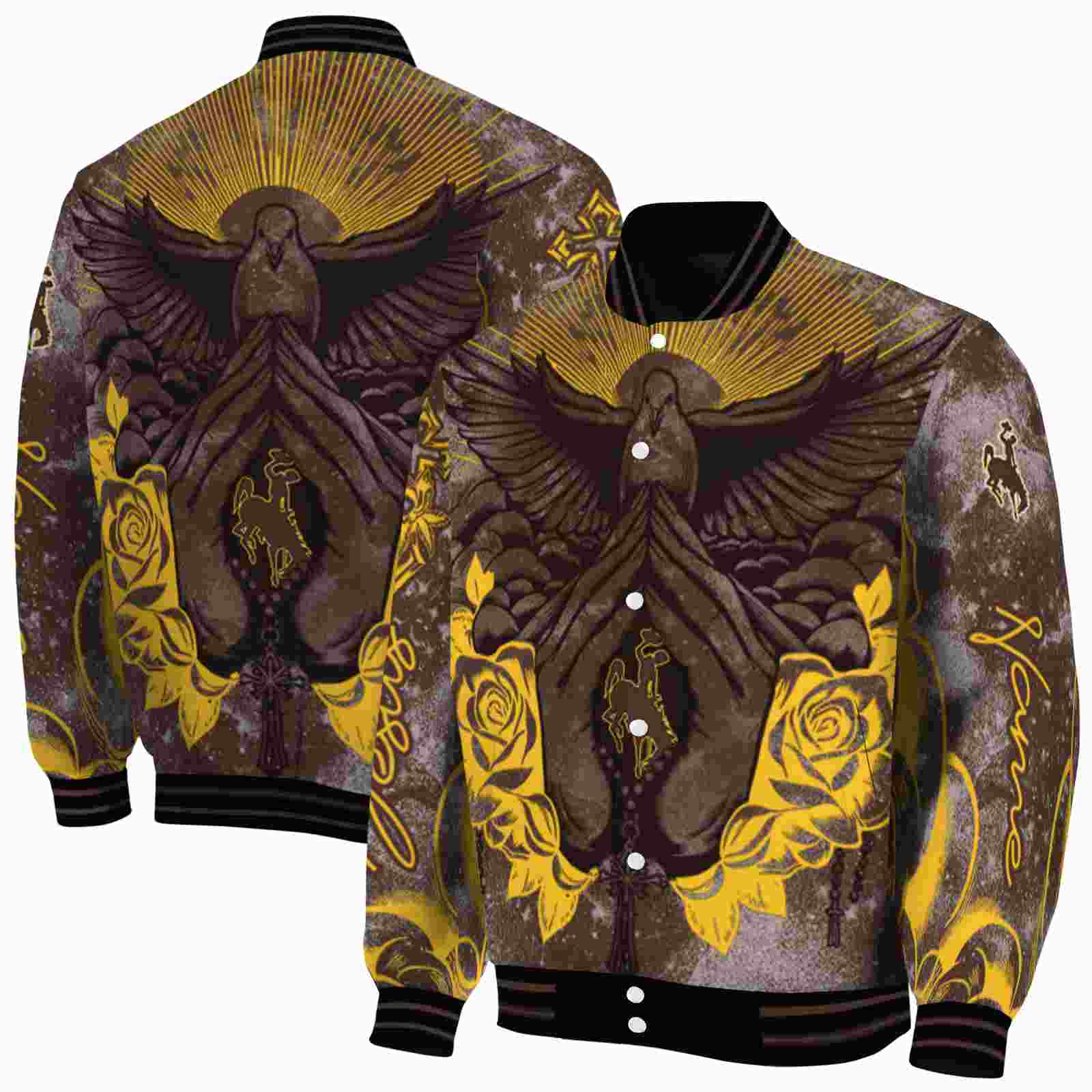 NcaaPersonalized Wyoming Cowboys Praying Hands Brown Custom Baseball Jacket Sport Fans Gear