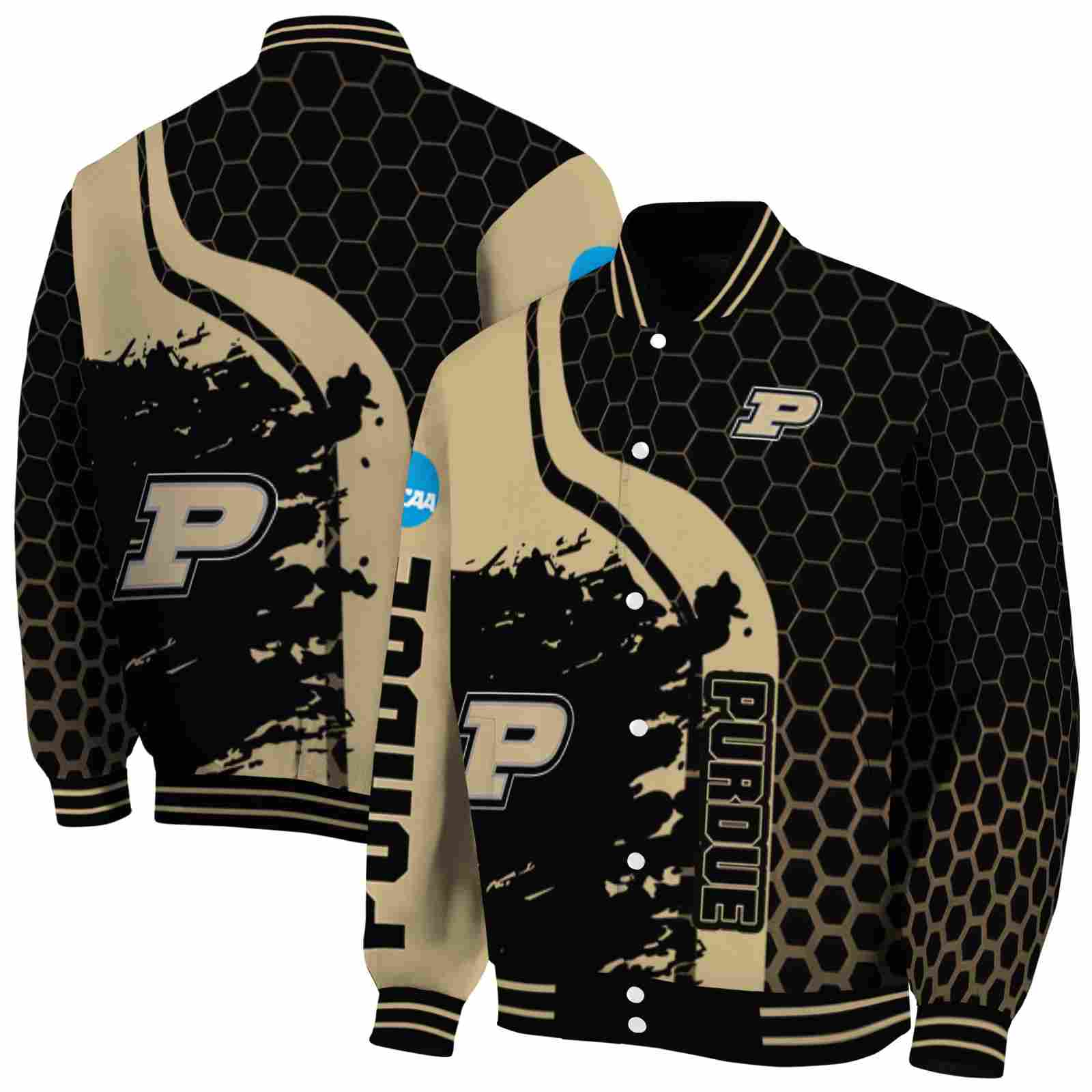 NcaaPurdue Boilermakers Hexagonal Pattern Gold Black Custom Baseball Jacket Sport Fans Gear