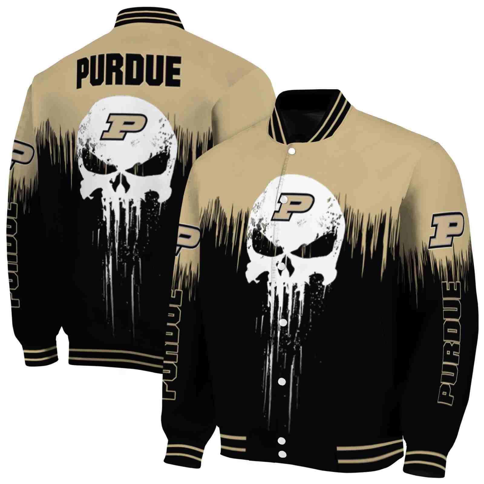 NcaaPurdue Boilermakers Punisher Skull Gold Black White Custom Baseball Jacket Sport Fans Gear