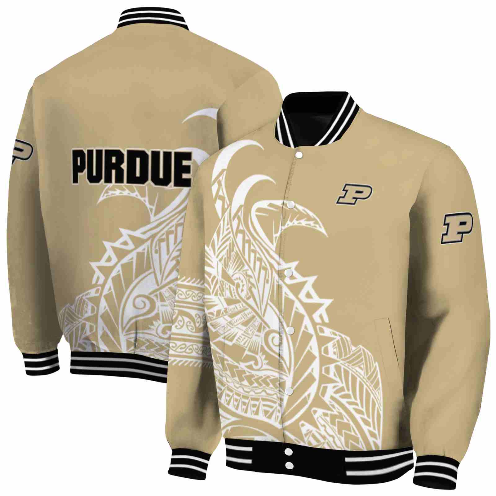 NcaaPurdue Boilermakers Tribal Art Gold White Black Custom Baseball Jacket Sport Fans Gear