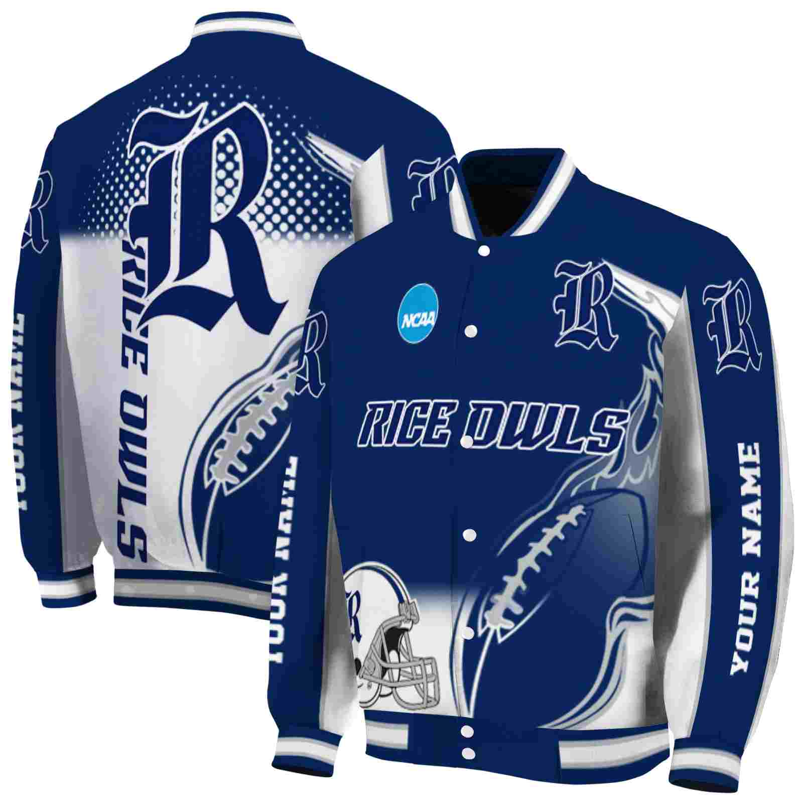 NcaaRice Owls Flaming Football Navy Blue White Custom Baseball Jacket Sport Fans Gear