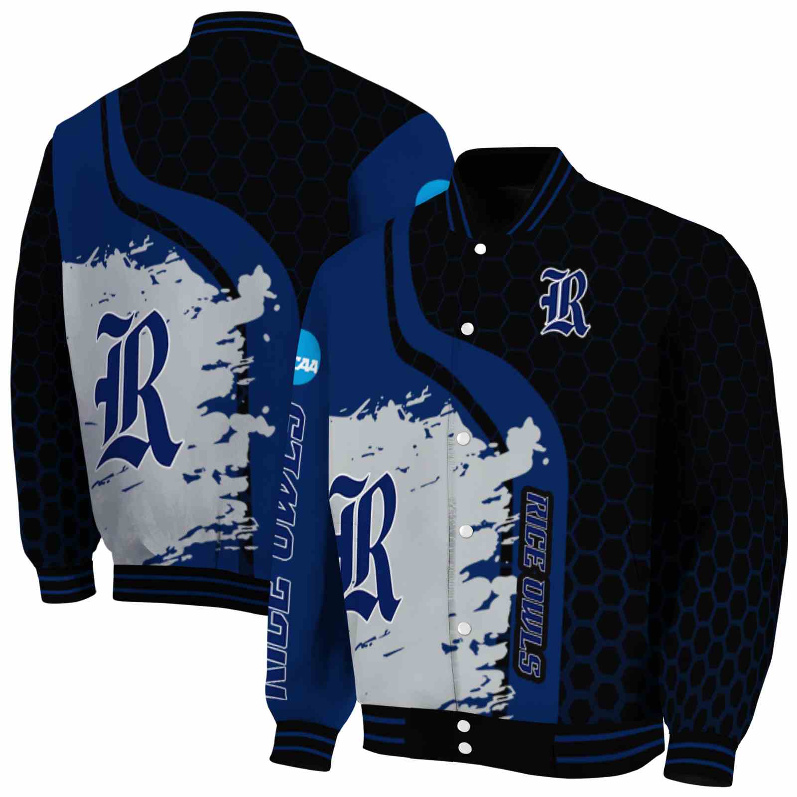 NcaaRice Owls Hexagonal Pattern Navy Blue Black Custom Baseball Jacket Sport Fans Gear