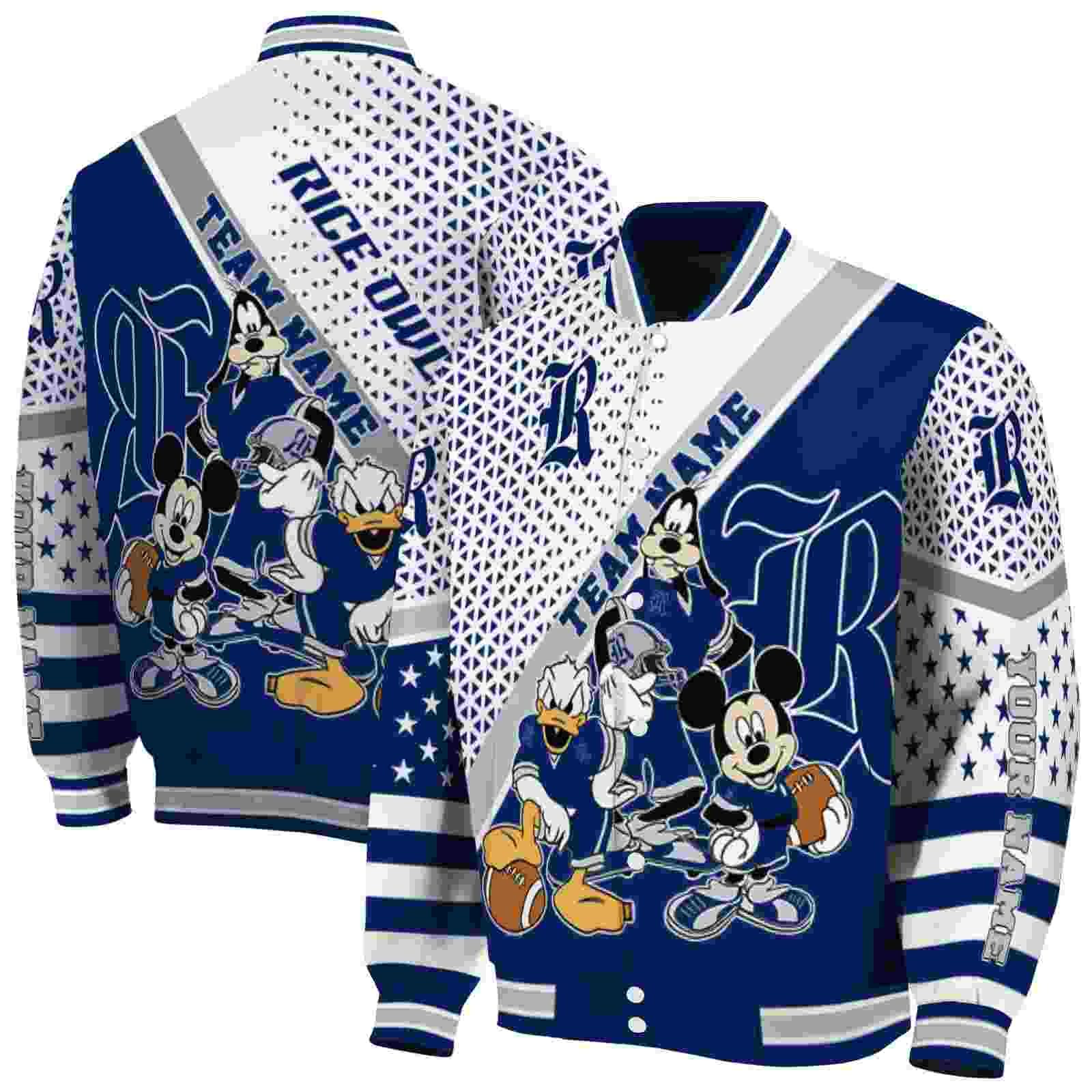 NcaaRice Owls Mickey Donald Goofy Navy Blue White Custom Baseball Jacket Sport Fans Gear