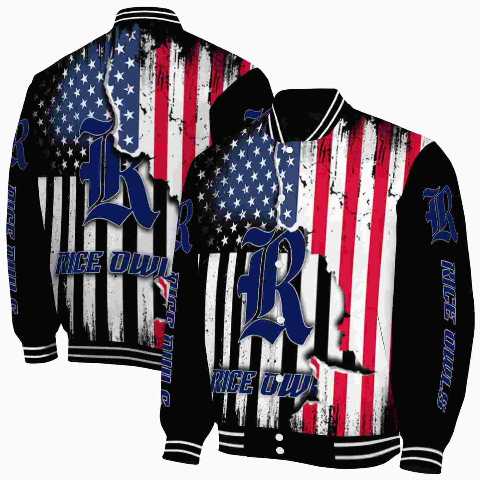 NcaaRice Owls Patriotic Theme Black Custom Baseball Jacket Sport Fans Gear