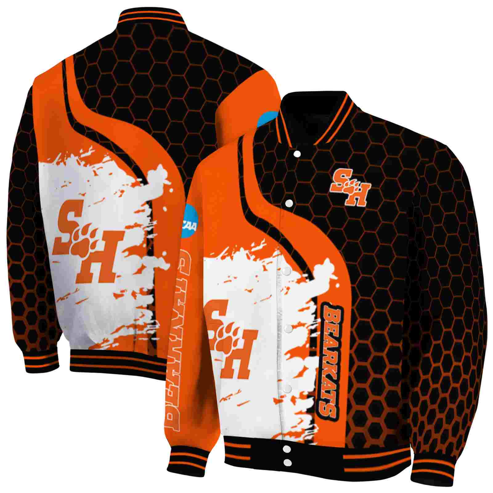 NcaaSam Houston Bearkats Hexagonal Pattern Orange Black Custom Baseball Jacket Sport Fans Gear