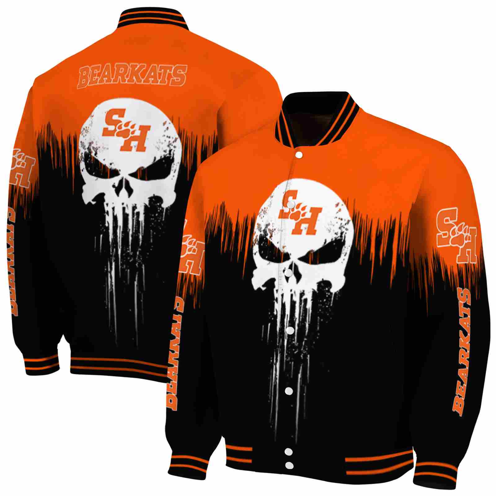NcaaSam Houston Bearkats Punisher Skull Orange Black White Custom Baseball Jacket Sport Fans Gear