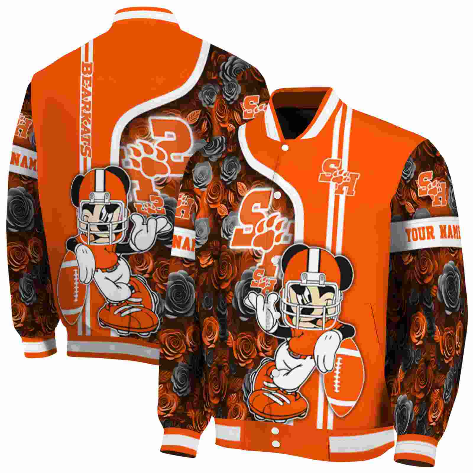 NcaaSam Houston Bearkats Rose Mickey Orange Custom Baseball Jacket Sport Fans Gear