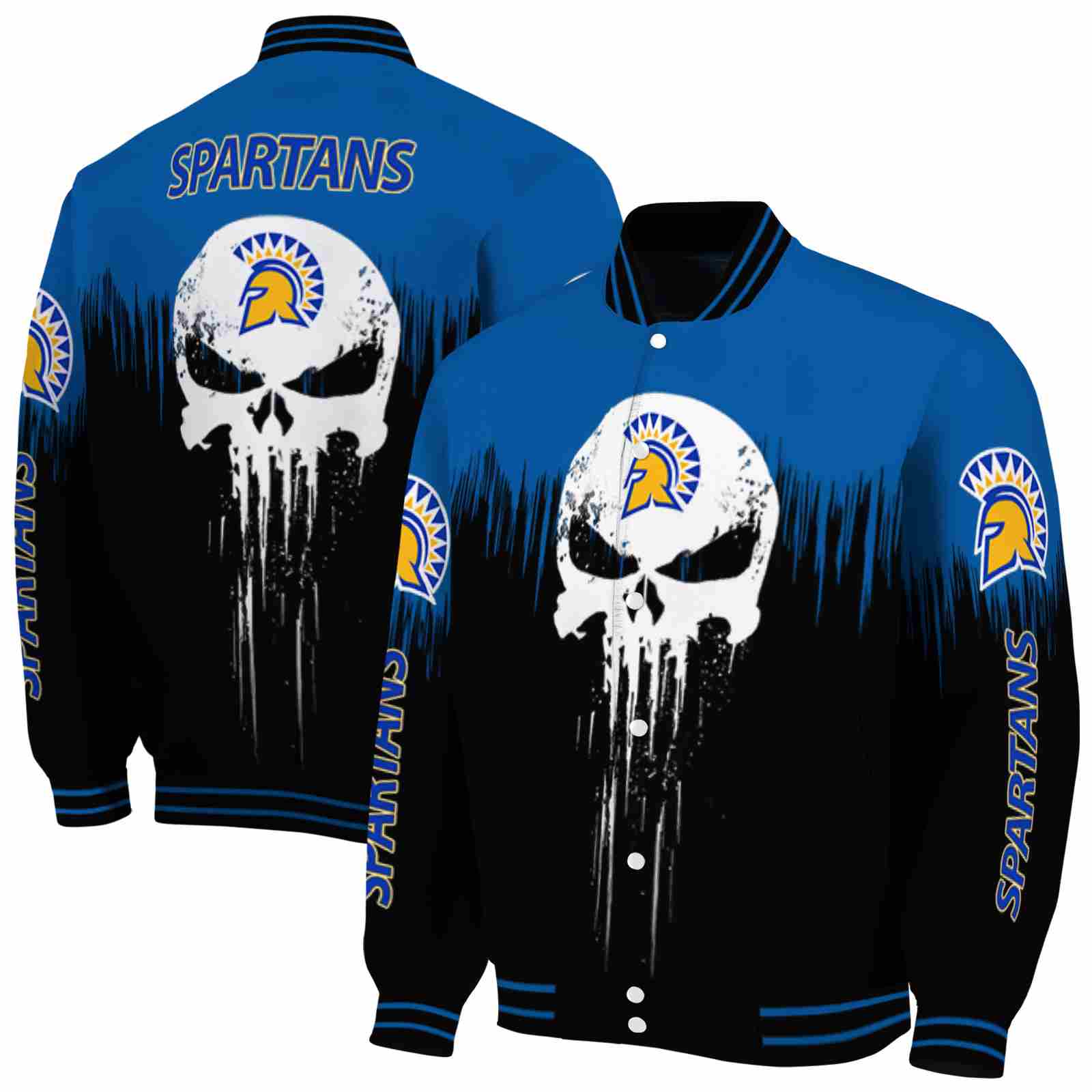NcaaSan Jose State Spartans Punisher Skull Blue Black White Custom Baseball Jacket Sport Fans Gear