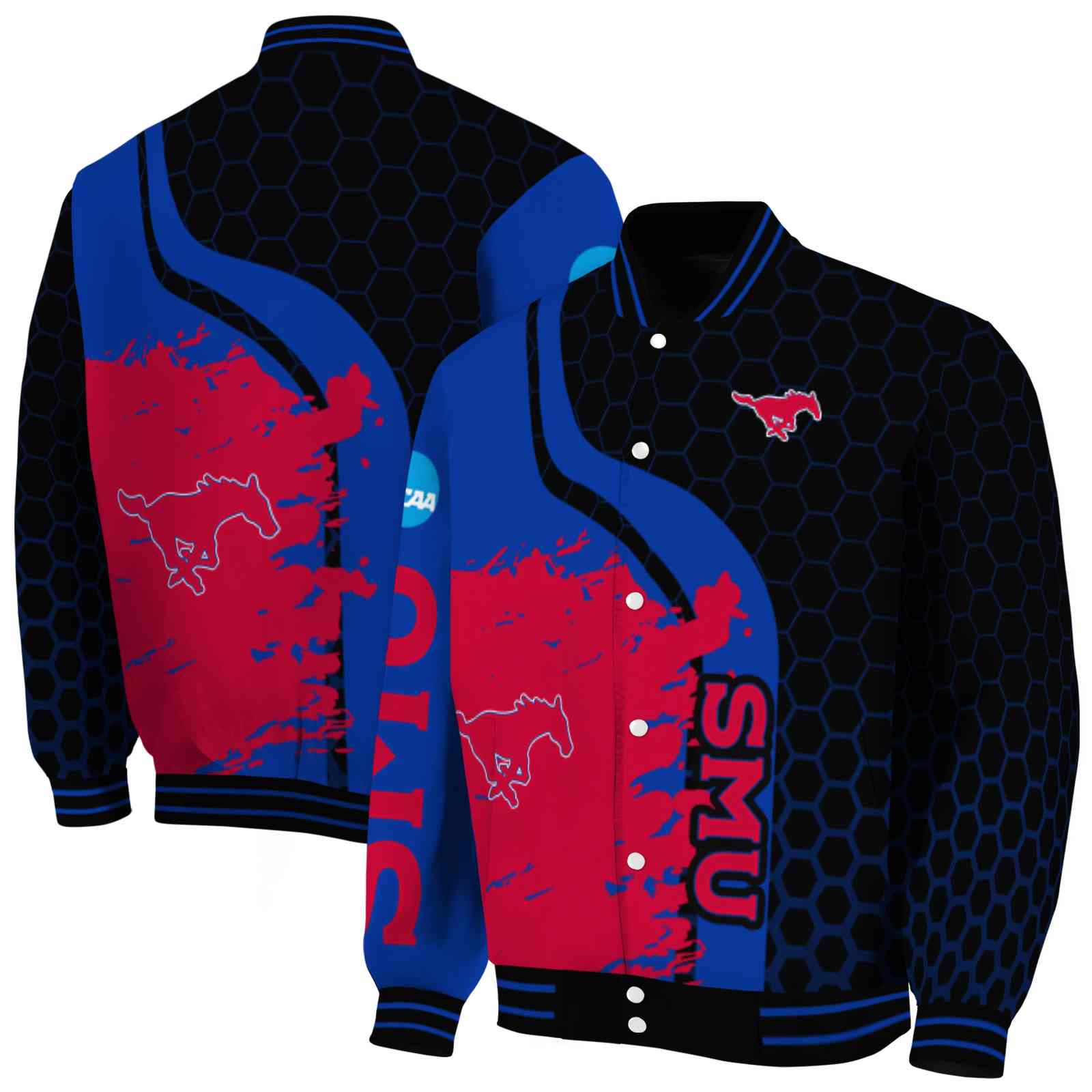 NcaaSMU Mustangs Hexagonal Pattern Blue Black Custom Baseball Jacket Sport Fans Gear