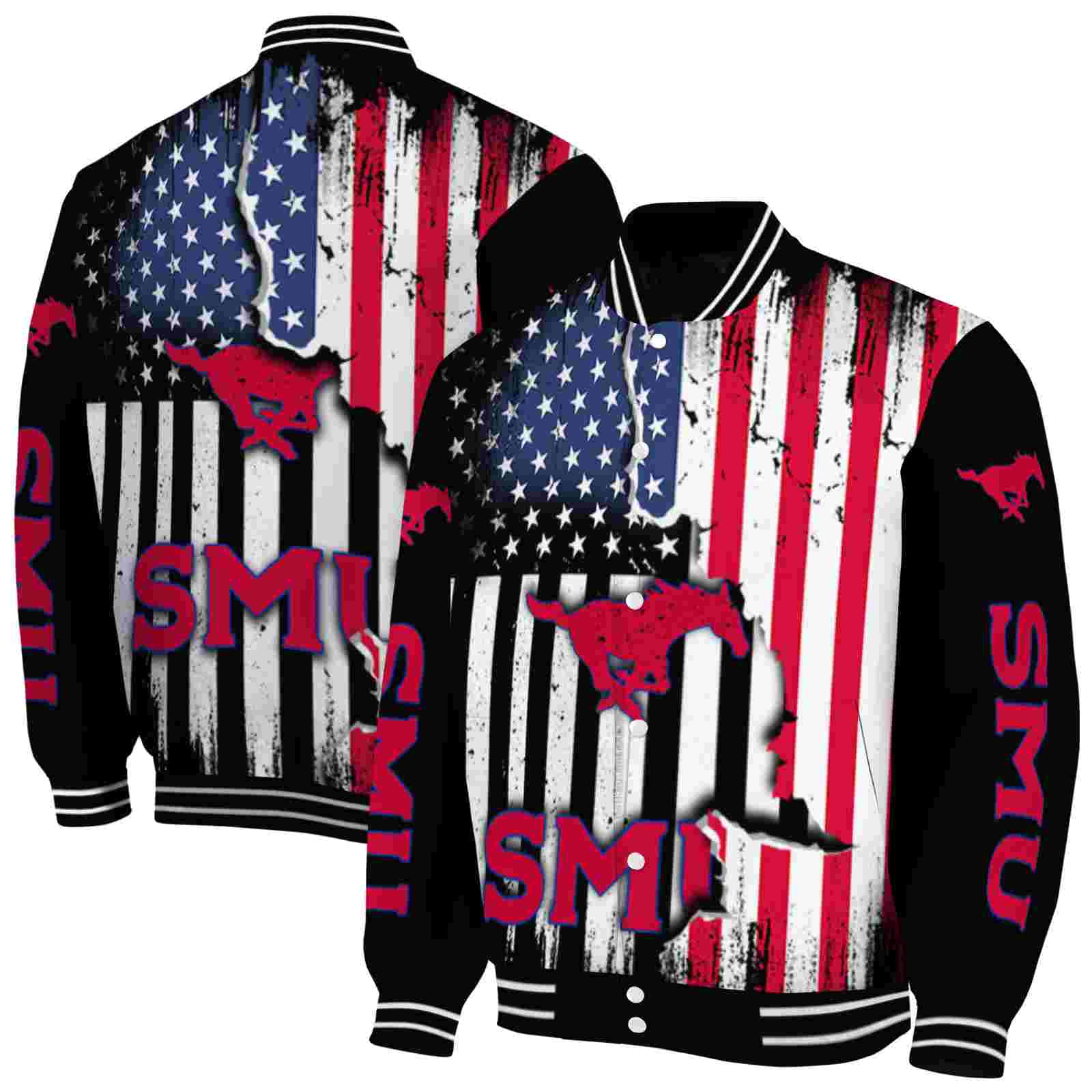 NcaaSMU Mustangs Patriotic Theme Black Custom Baseball Jacket Sport Fans Gear