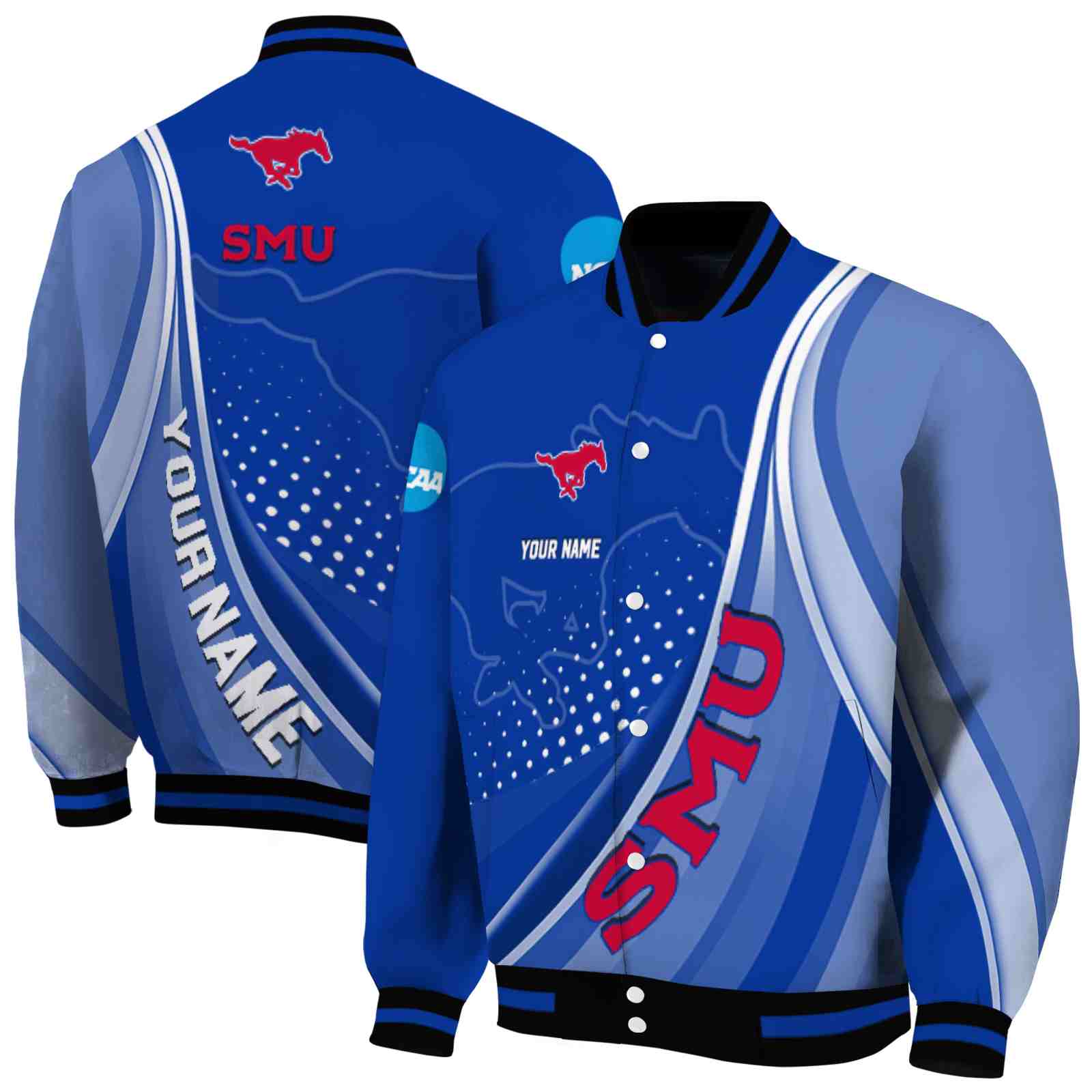 NcaaSMU Mustangs Wave Patterns Blue Custom Baseball Jacket Sport Fans Gear