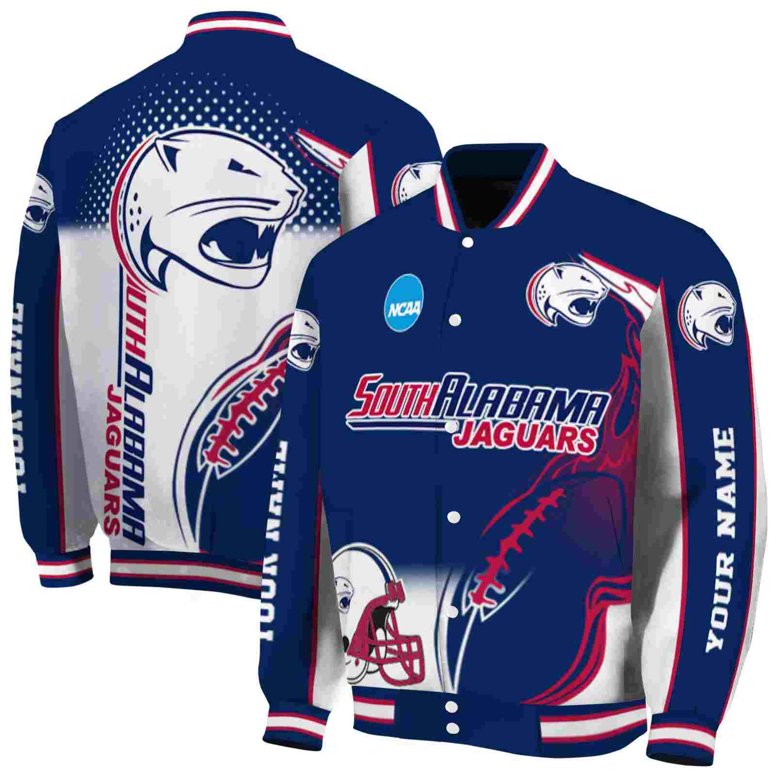 NcaaSouth Alabama Jaguars Flaming Football Blue White Custom Baseball Jacket Sport Fans Gear
