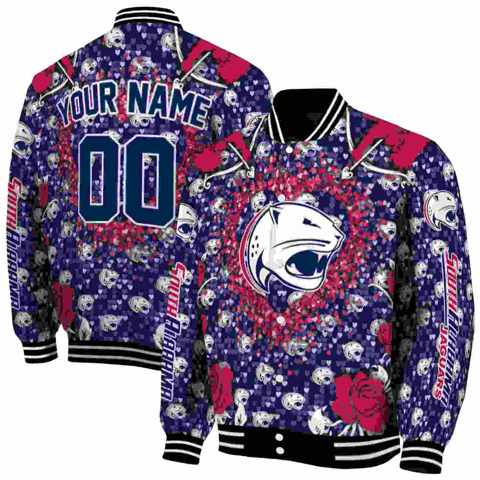 NcaaSouth Alabama Jaguars Heart Explosion Blue Custom Baseball Jacket Sport Fans Gear