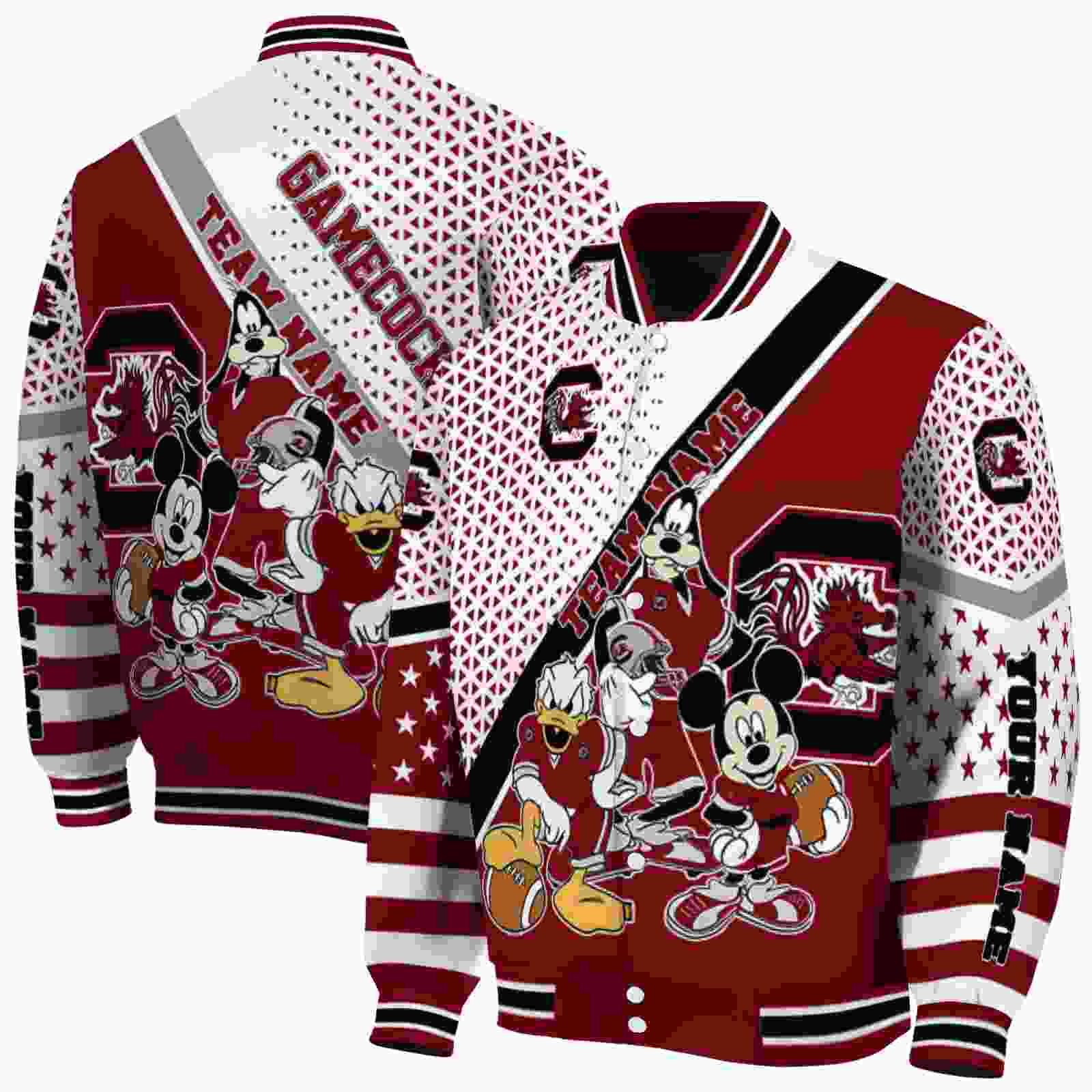NcaaSouth Carolina Gamecocks Mickey Donald Goofy Garnet White Custom Baseball Jacket Sport Fans Gear