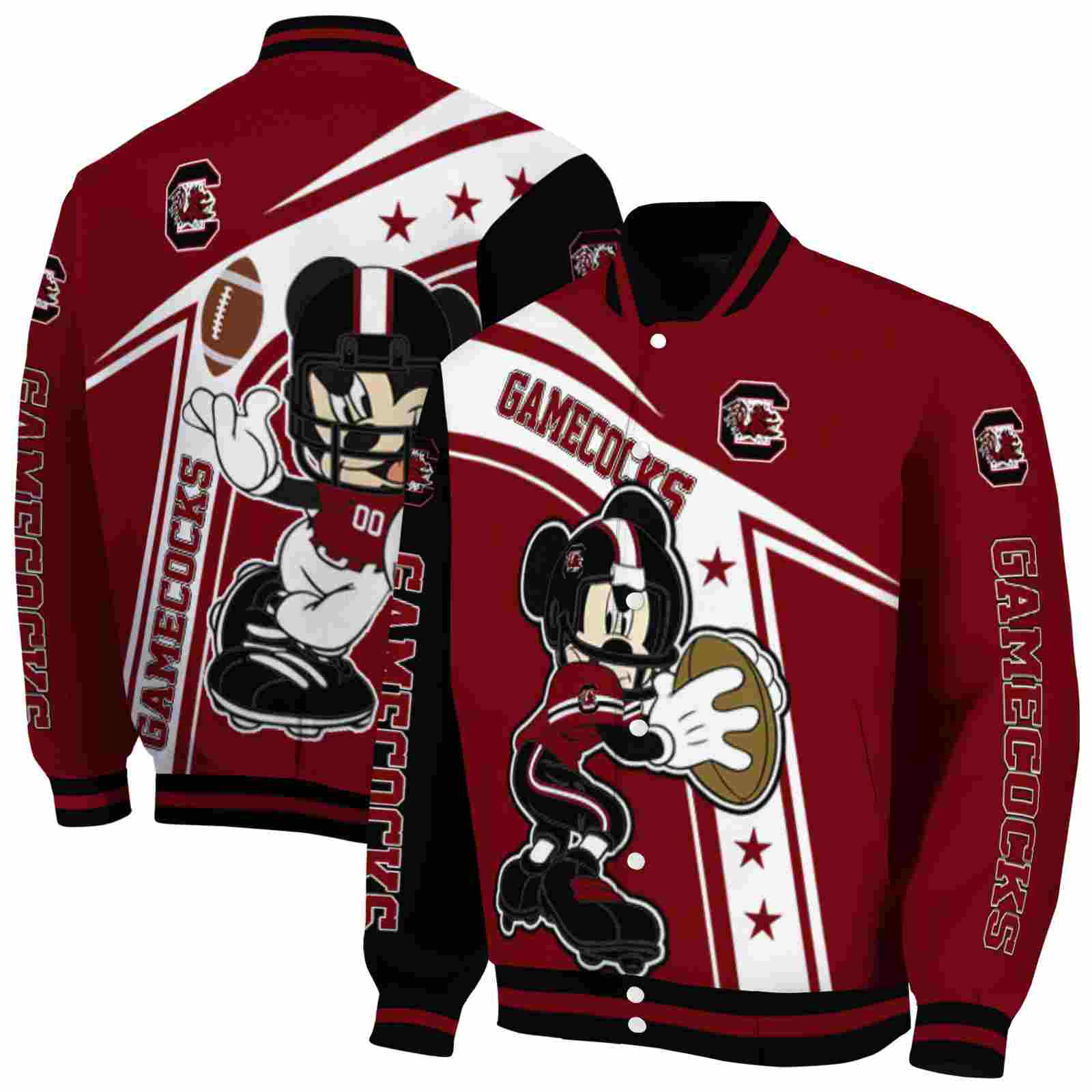 NcaaSouth Carolina Gamecocks Mickey Football Garnet White Custom Baseball Jacket Sport Fans Gear