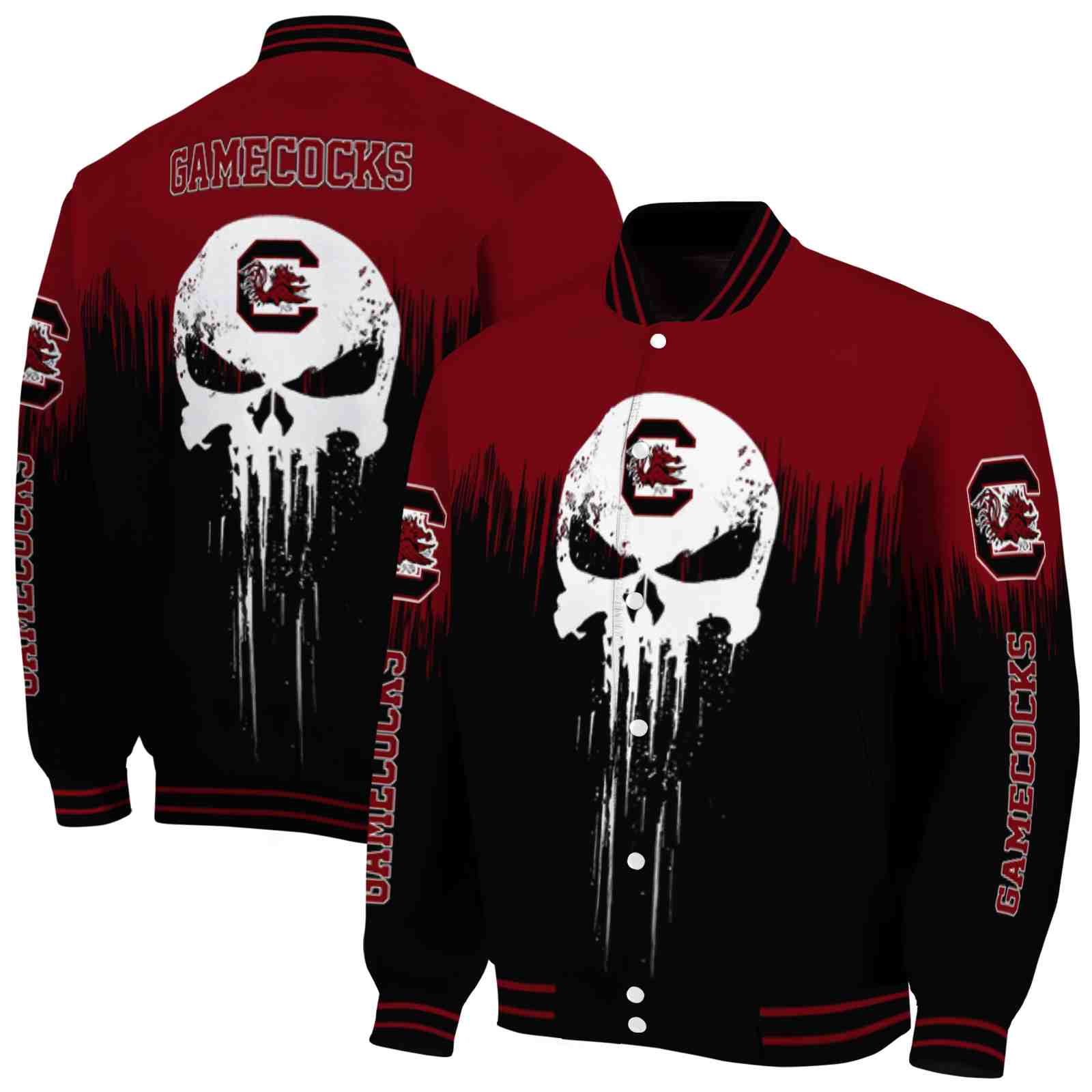 NcaaSouth Carolina Gamecocks Punisher Skull Garnet Black White Custom Baseball Jacket Sport Fans Gear