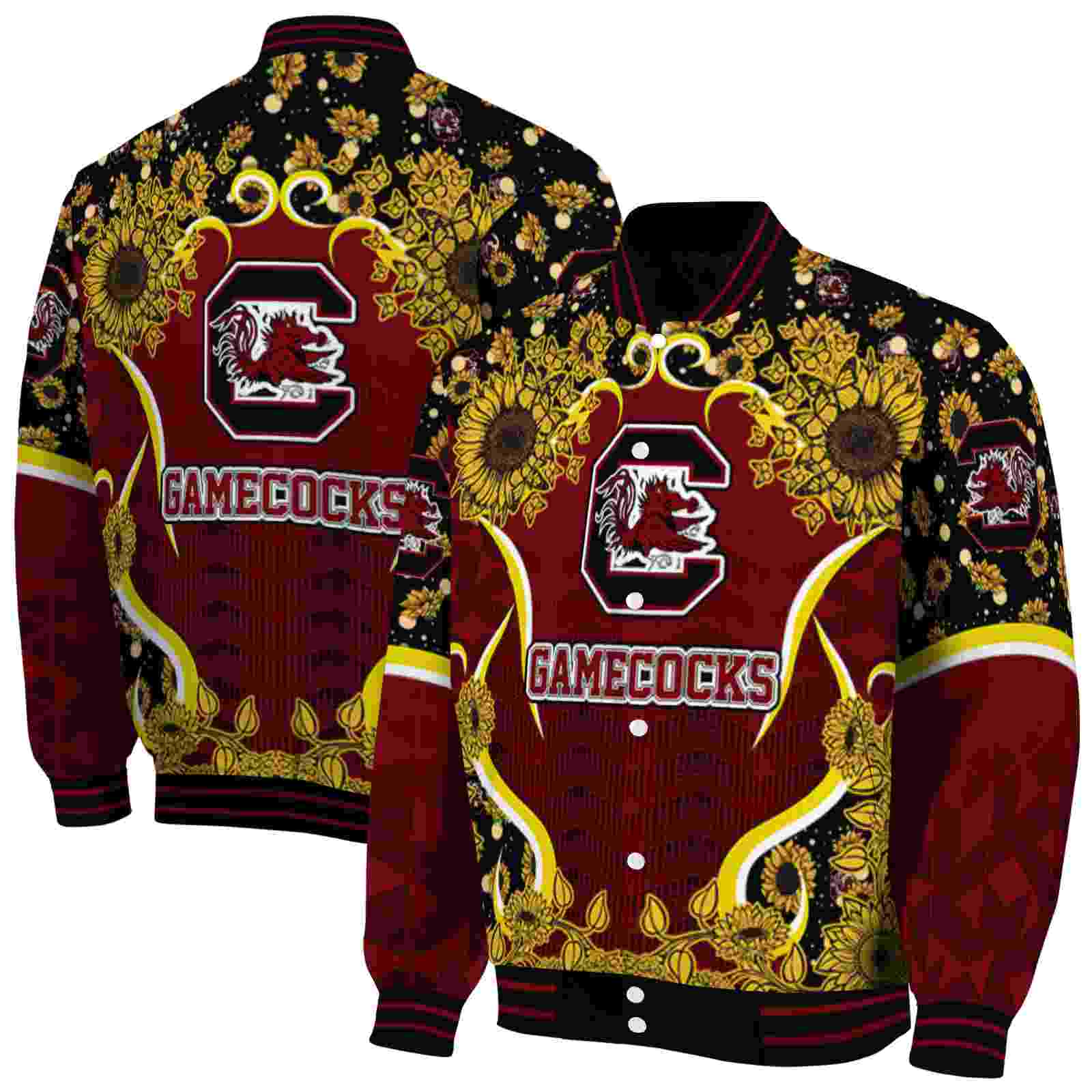 NcaaSouth Carolina Gamecocks SuNFL ower Bloom Garnet Yellow Custom Baseball Jacket Sport Fans Gear
