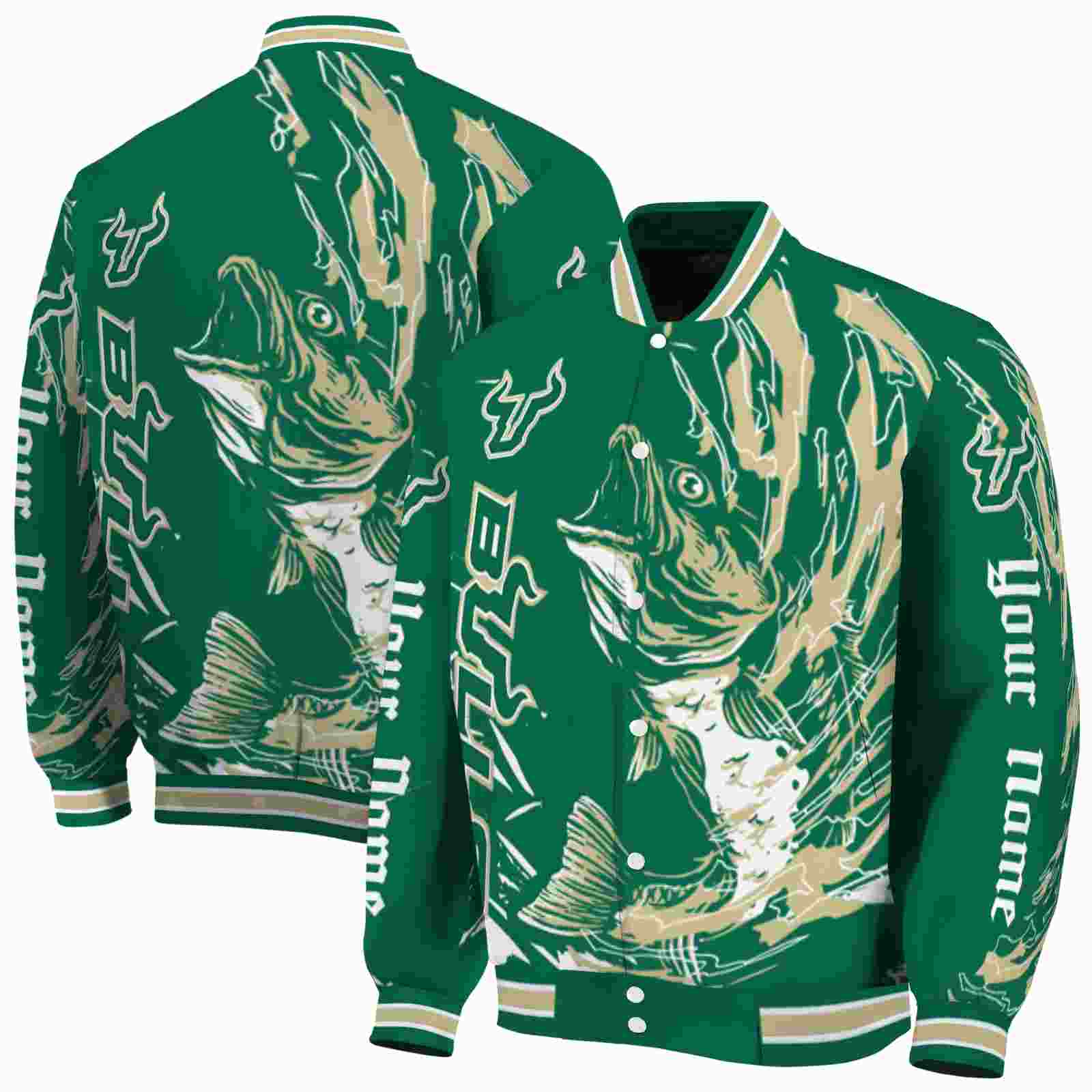 NcaaSouth Florida Bulls Fishing Passion Green White Custom Baseball Jacket Sport Fans Gear