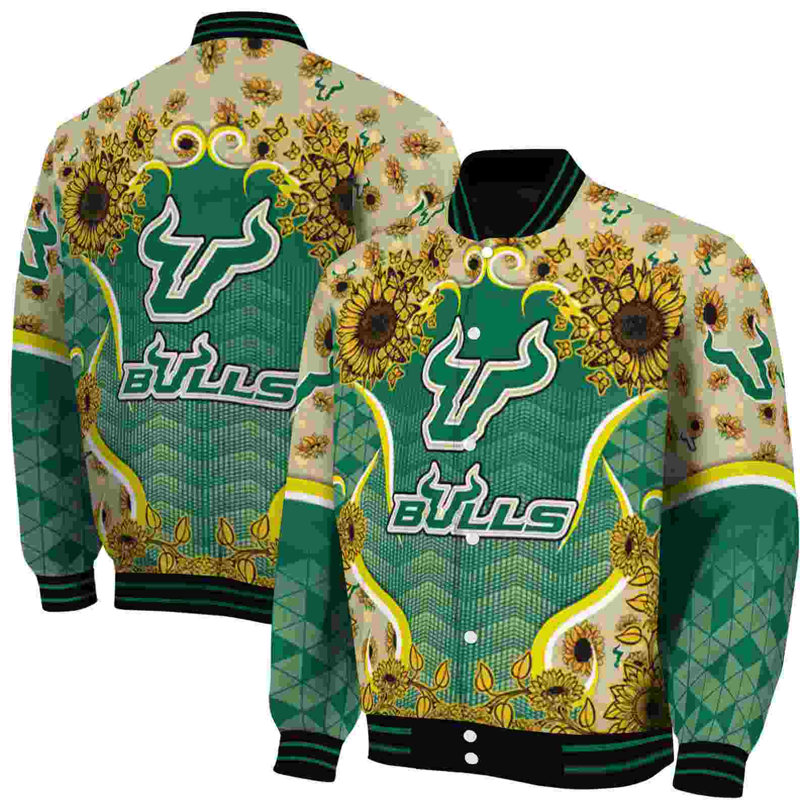 NcaaSouth Florida Bulls SuNFL ower Bloom Green Yellow Custom Baseball Jacket Sport Fans Gear