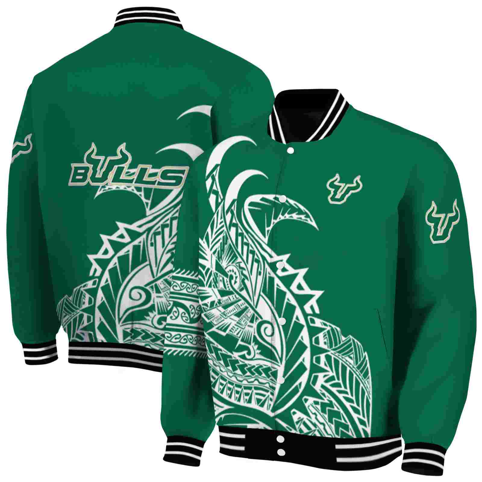 NcaaSouth Florida Bulls Tribal Art Green White Black Custom Baseball Jacket Sport Fans Gear