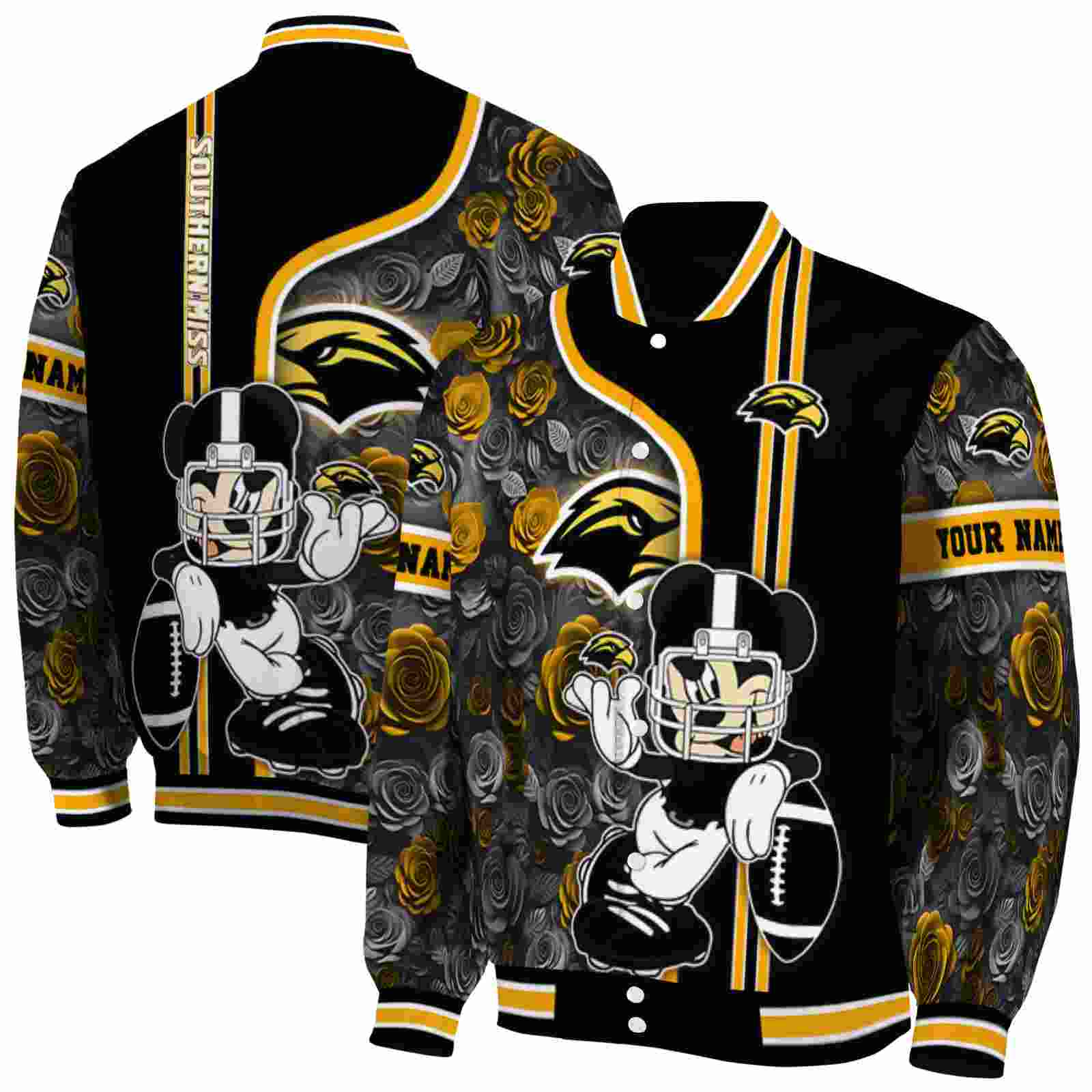 NcaaSouthern Miss Golden Eagles Rose Mickey Black Custom Baseball Jacket Sport Fans Gear